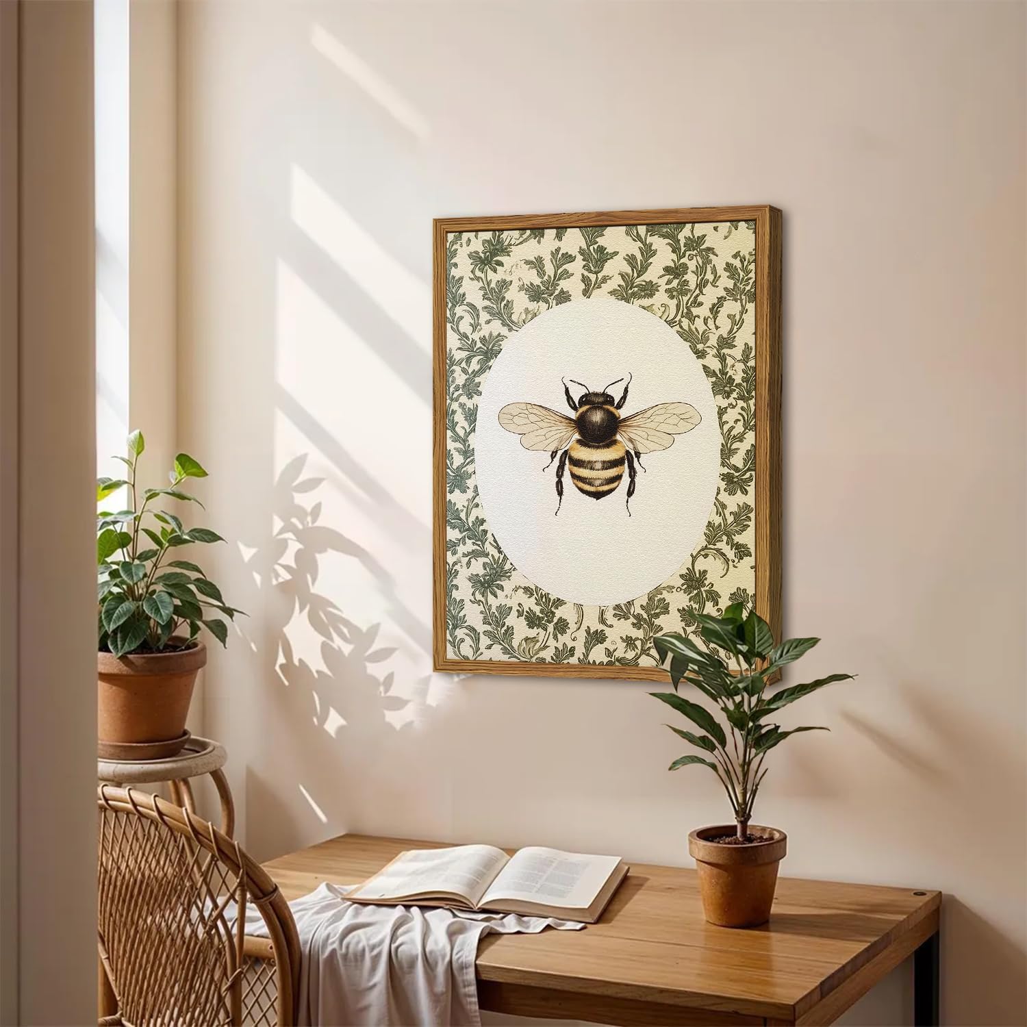 Framed Vintage Bee Wall Art, Rustic Insect Pictures Wall Decor, 3D Textured Sandstone Green Botanical Paintings Prints Cottagecore Home Decor for Living Room Bedroom Office 12x16 inch
