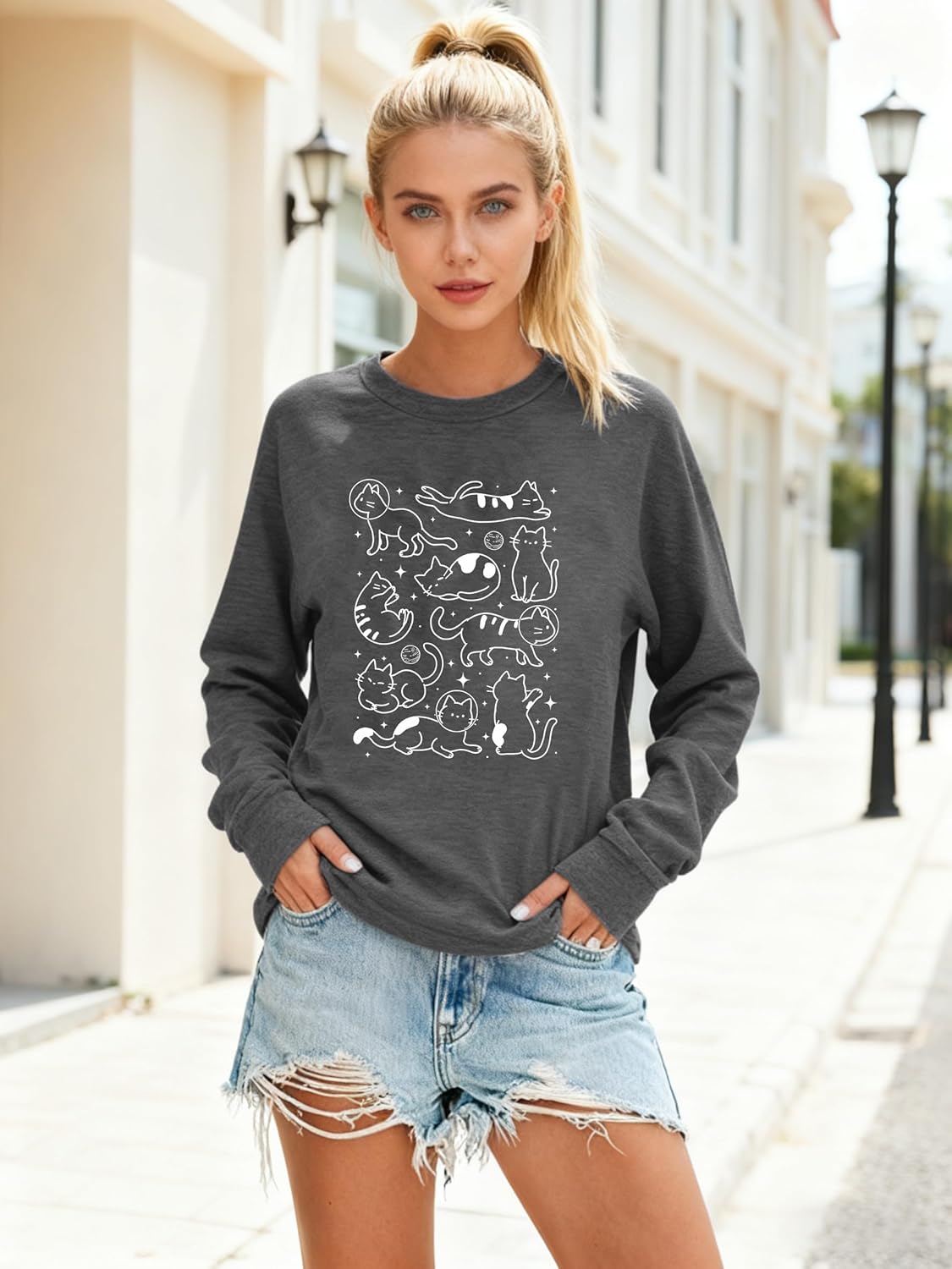 Cat Sweatshirts for Women Funny Black Cat Sweatshirt Cat Graphic Sweater Holiday Long Sleeve Pullover Top - Image 4