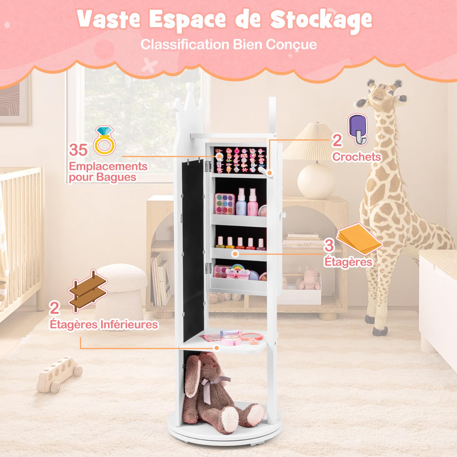 COSTWAY Armoire à Bijoux Enfant avec Miroir & Base Pivotante, Organisateur à Bijoux en Motif Couronne avec 2 Crochets & Étagère, Dispositif Anti-basculement pour Enfant de 3 Ans+ (Blanc)