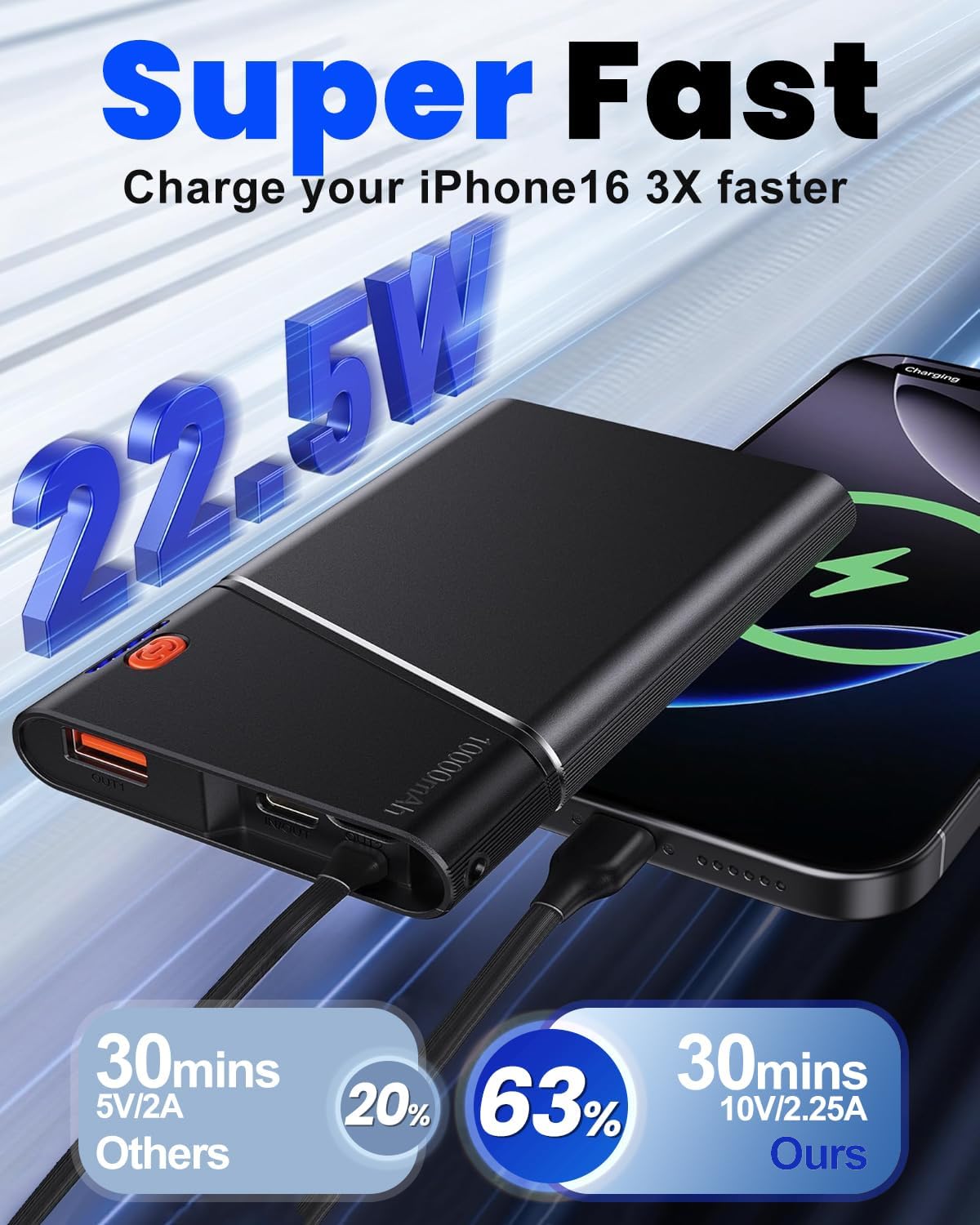 Aaoyun 10000mAh Portable Power Bank, 22.5W PD Fast Charging Battery Pack with Built-in USB-C Cable, Ultra-Slim External Phone Charger for iPhone 17/16/15, Samsung Galaxy S24, Android (Grey) view 2