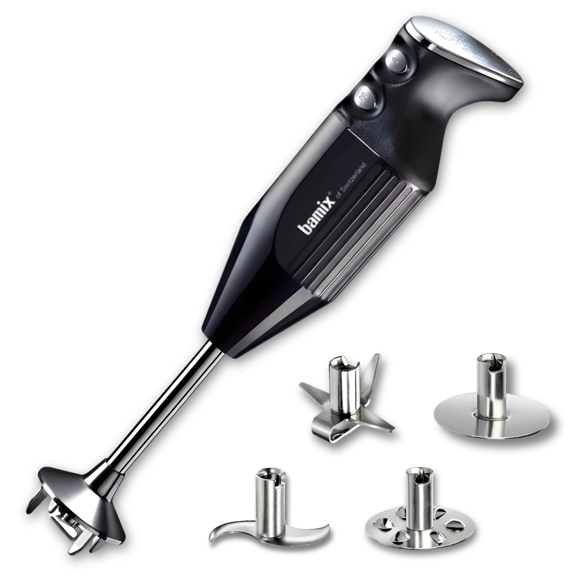 bamix Frullatore a immersione M350 MAXX incl. lama multiuso, per carni e verdure, frusta, frullino in acciaio inox, 300 watt, 2 velocità, Made in Switzerland, Nero/cromo