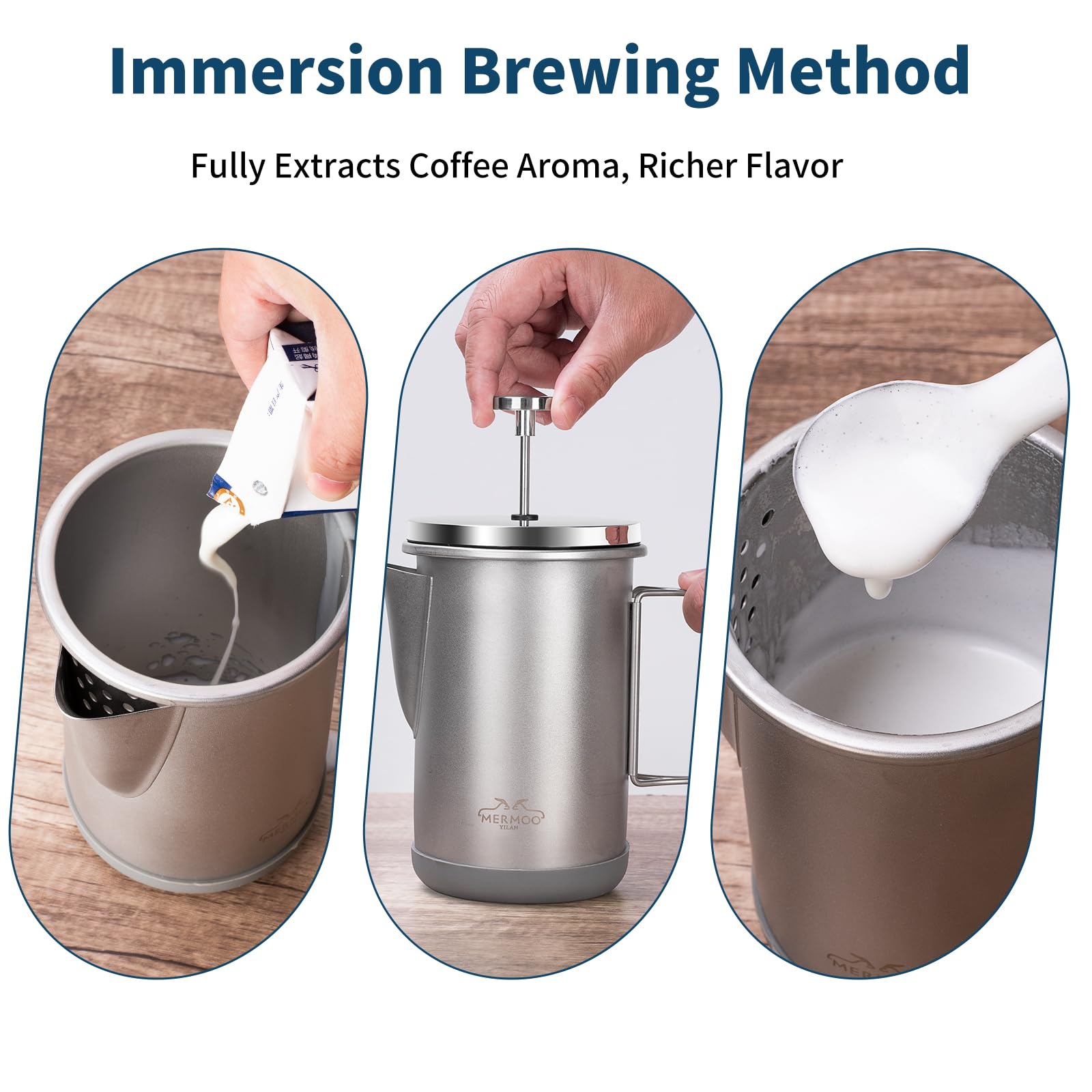 MERMOO YILAN French Press - Cafetera manual de 1000 ml para 4-6 tazas, mango plegable, prensa de café aislada portátil para camping, viajes, uso doméstico (plata)