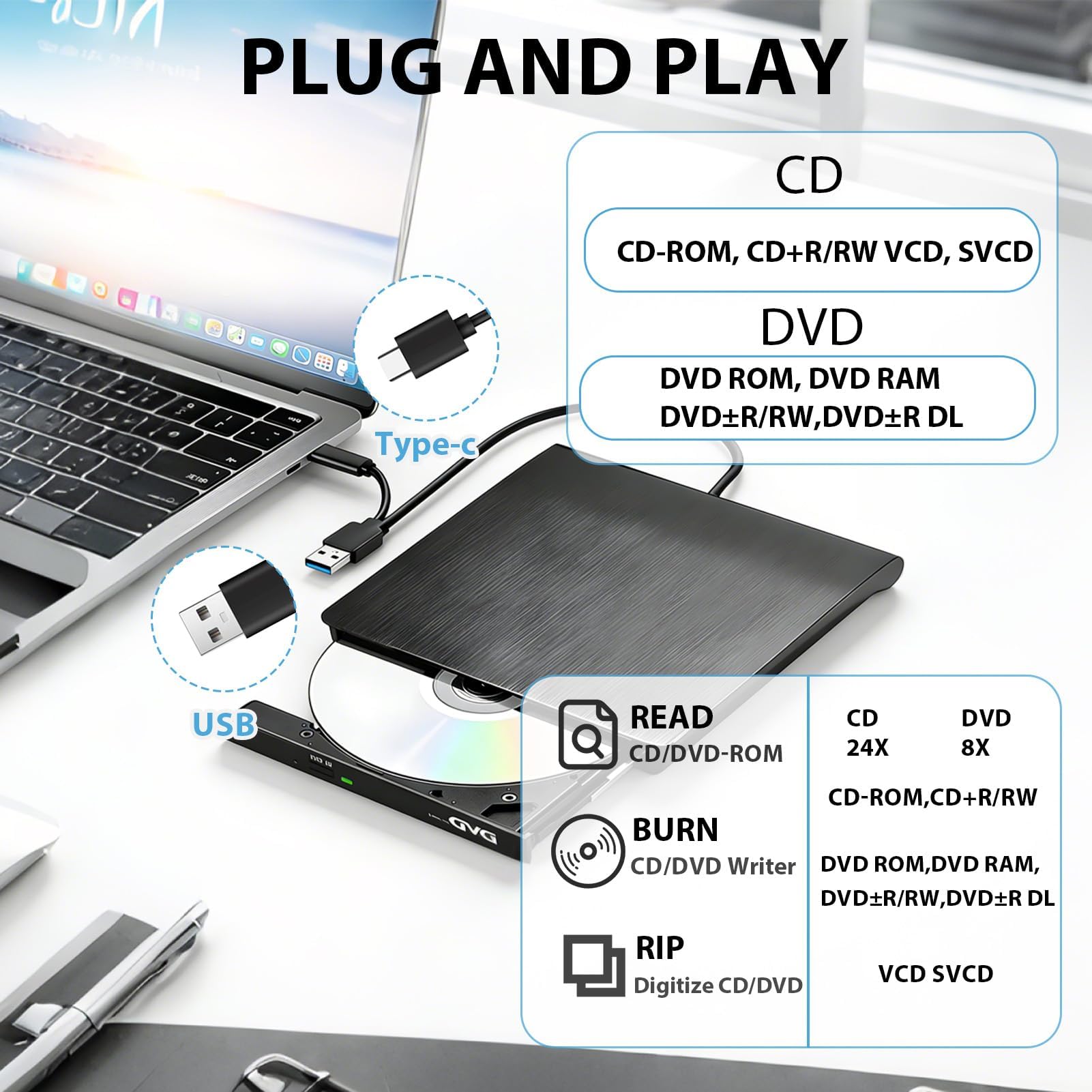 Aivane Grabadora CD/DVD Externa USB 3.0 y Type-C, Ultra-Slim CD/DVD +/-RW Drive Porttil Burner Lector DVD Externo para Windows 11/10/8/7/XP/Vista Linux MacOS Laptop Desktops — view 3