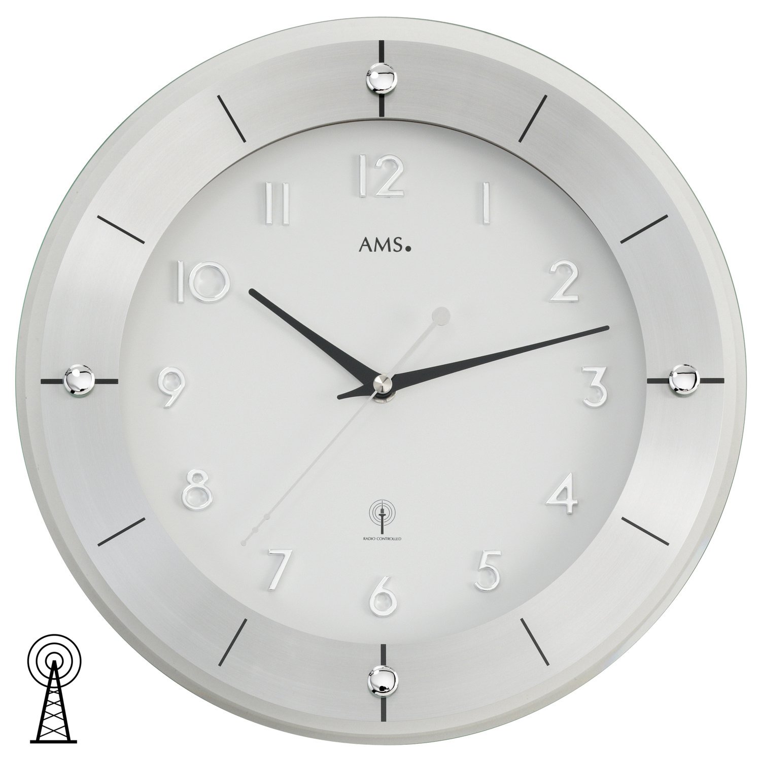 AMS 5848 zegar ścienny okrągły szlifowane aluminium mechanizm radiowy biały 31 cm