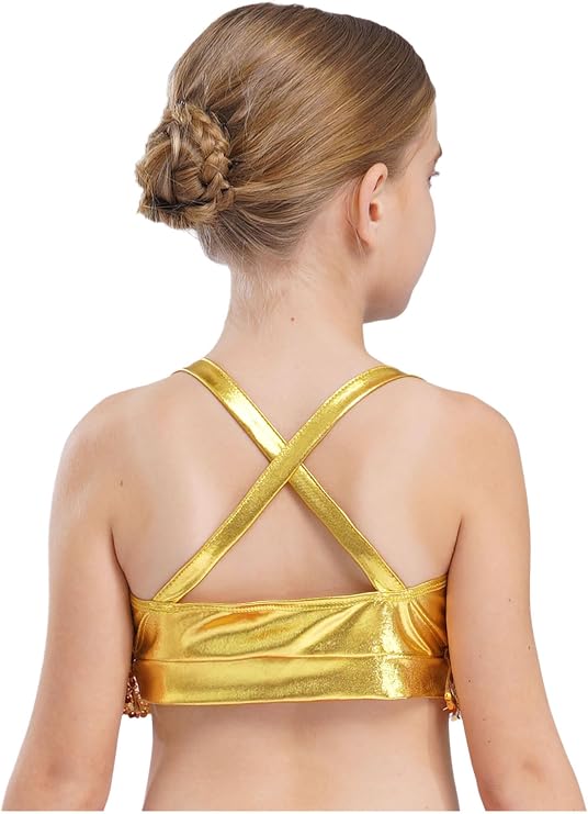 Kids Girls 2 Piece Jazz Latin Dance Outfit Metallic Halter Crop Top with Skirt Set Ballroom Performance Costume