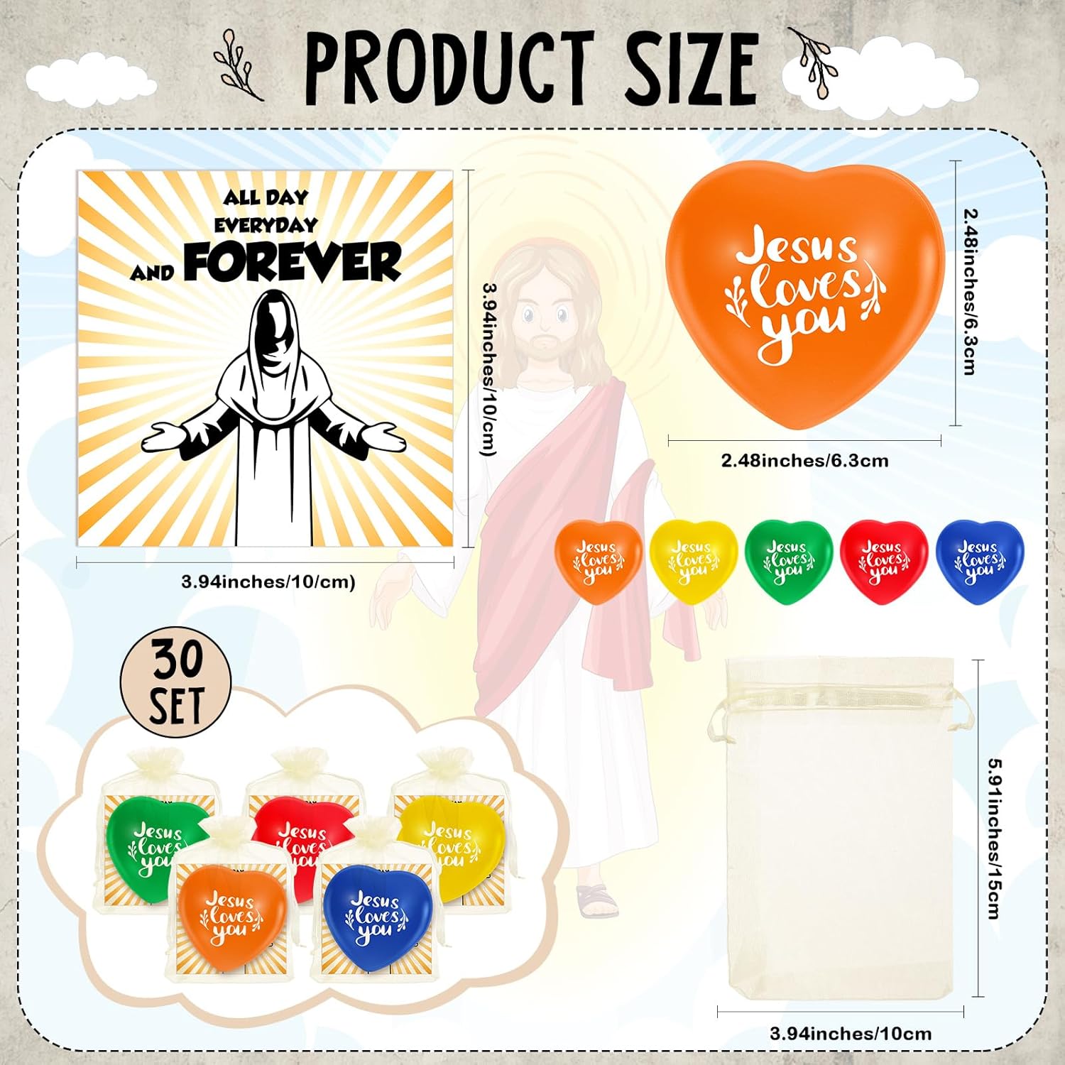 Arrowbash 30 Set Jesus Loves You Gifts Christian Heart Stress Balls Bulk with Card 2.48" Mother's Day Heart Shaped Stress Relief Fidget Ball Toy for First Communion Baptism Religious Party Favor