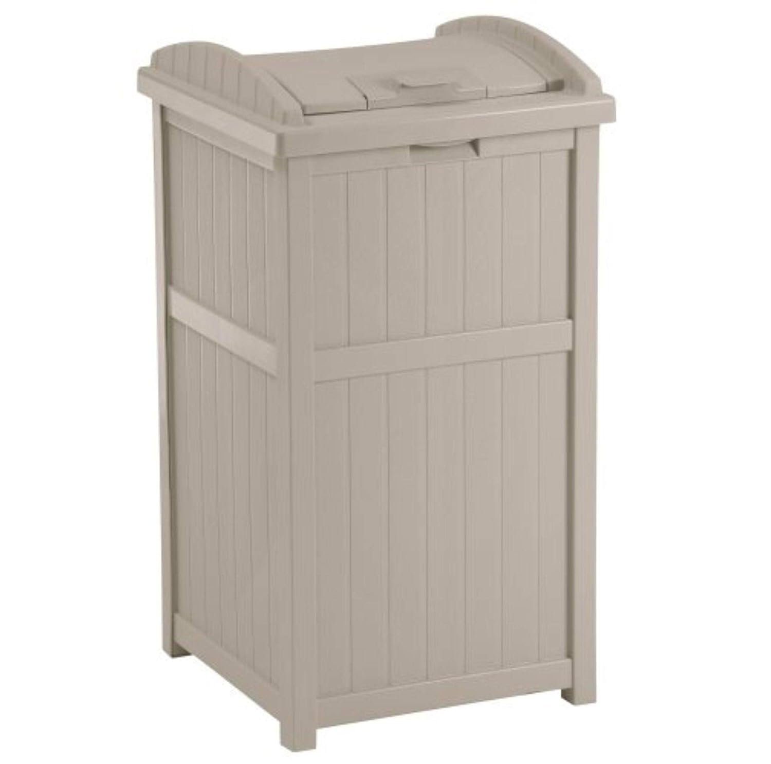 Suncast 2 Pack 33 Gallon Durable Plastic Hideaway Outdoor Garbage Can with Secure Lid and Wicker Design for Home Backyards, 1 Java Brown and 1 Taupe