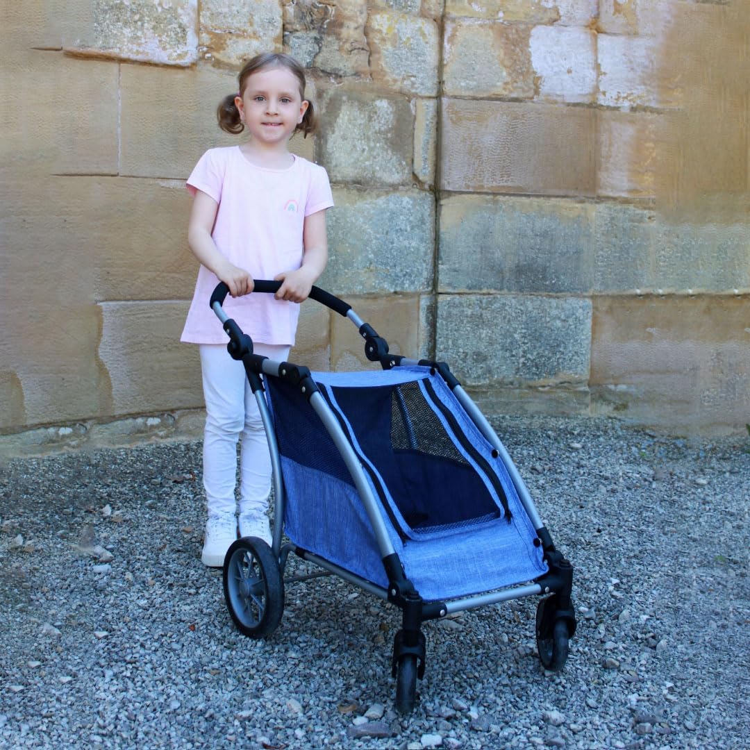 Bayer Chic 2000 Roadster | Zwillings-Puppenwagen Jeans Blue | Verstellbar, 72 x 40 x 64 cm | Sportlicher Puppentrailer für 2 Puppen (bis 46 cm). Höhenverstellbarer Schieber (33–71 cm). Jeans Blue. Robust & Chic.