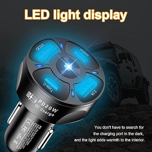 Miniatura 10 de Augeny Cargador de carga rápida para automóvil de 4 puertos, adaptador de encendedor de cigarrillos, carga automática súper rápida con QC 3.0, PD