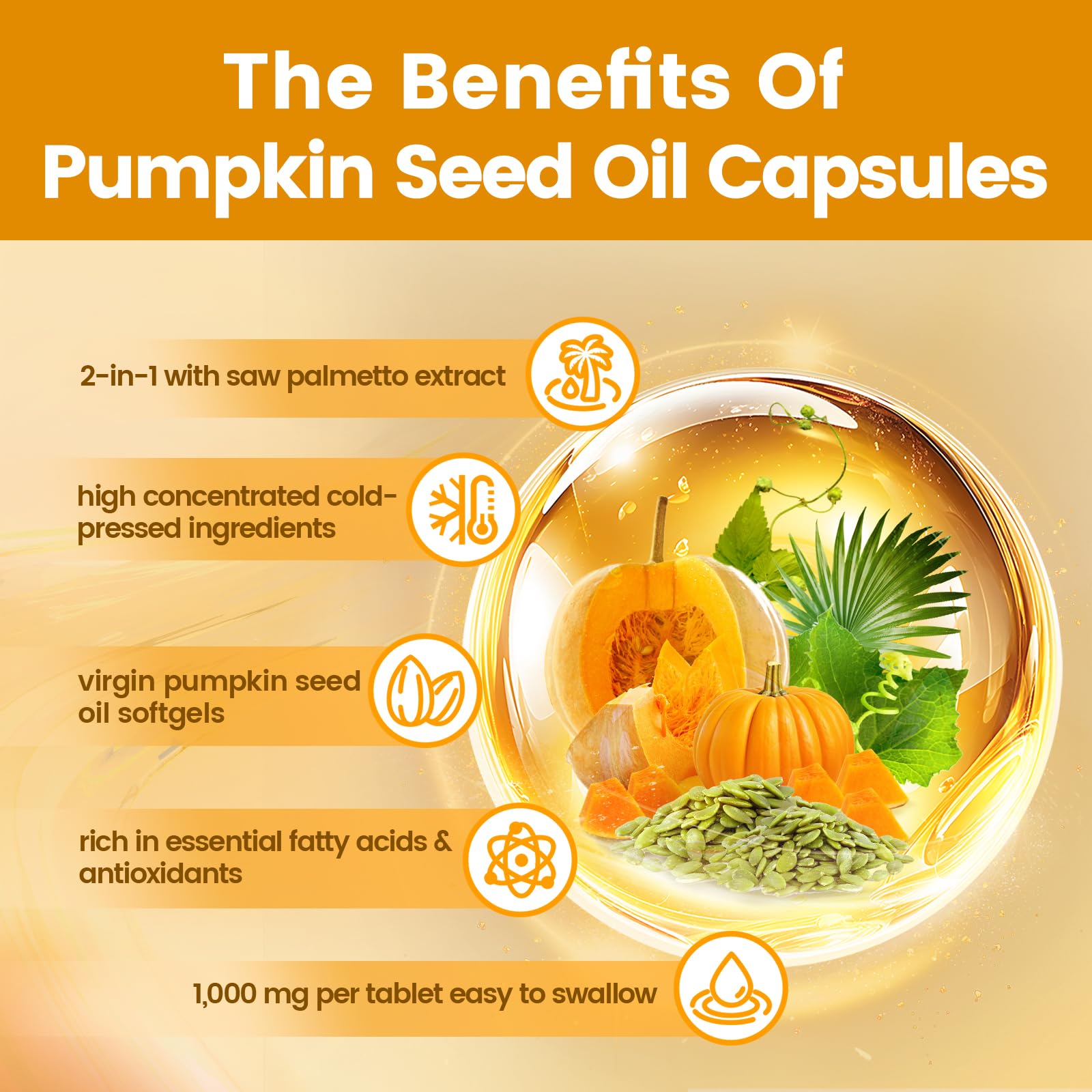VivoNu Aceite de Semilla de Calabaza - Saw Palmetto & Pumpkin Seed oil - 1000 mg - apoya el crecimiento del cabello, apoya la salud de la próstata - 300 unidades - Libre de Soja, Sin Gluten y Sin OMG