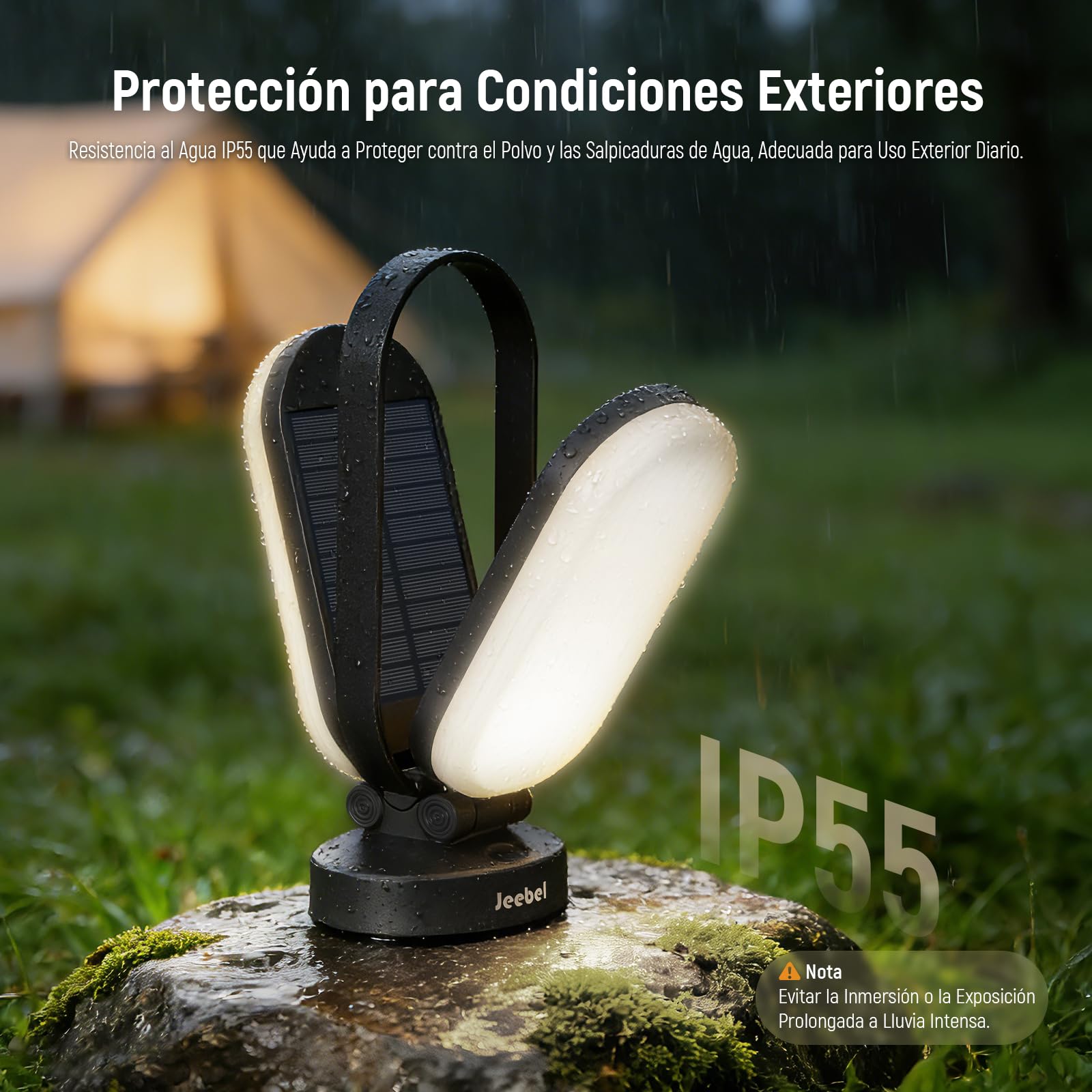 Jeebel Lámpara de Camping Solar, Linterna LED Recargable Plegable con Batería Externa 5000mAh, Regulable Toque, 4 Modos, IP55, Luz para Tienda de Exterior/Excursión/Urgencia/Corte de Corriente (Negro)