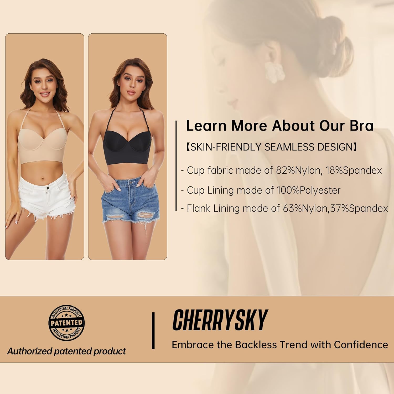 Low Back Bras for Women-Seamless Invisible Backless Bra-Lightly Lined Demi Multiway Bra No Show Low Cut Halter Bras