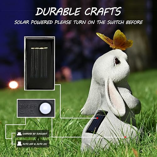 Miniatura 4 de AOLIY Decoración de jardín al aire libre conejo con luz solar de mariposa, estatuas de jardín, decoraciones exteriores para amantes de conejos,