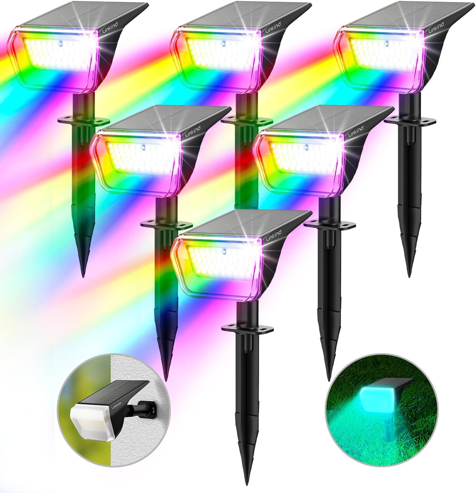 Linkind Solar Spot Lights Outdoor, Color Changing Solar Lights with 10 Lighting Modes and Waterproof IP67, Ideal for Yard, Garden Decoration (6 Pack, Multicolor)