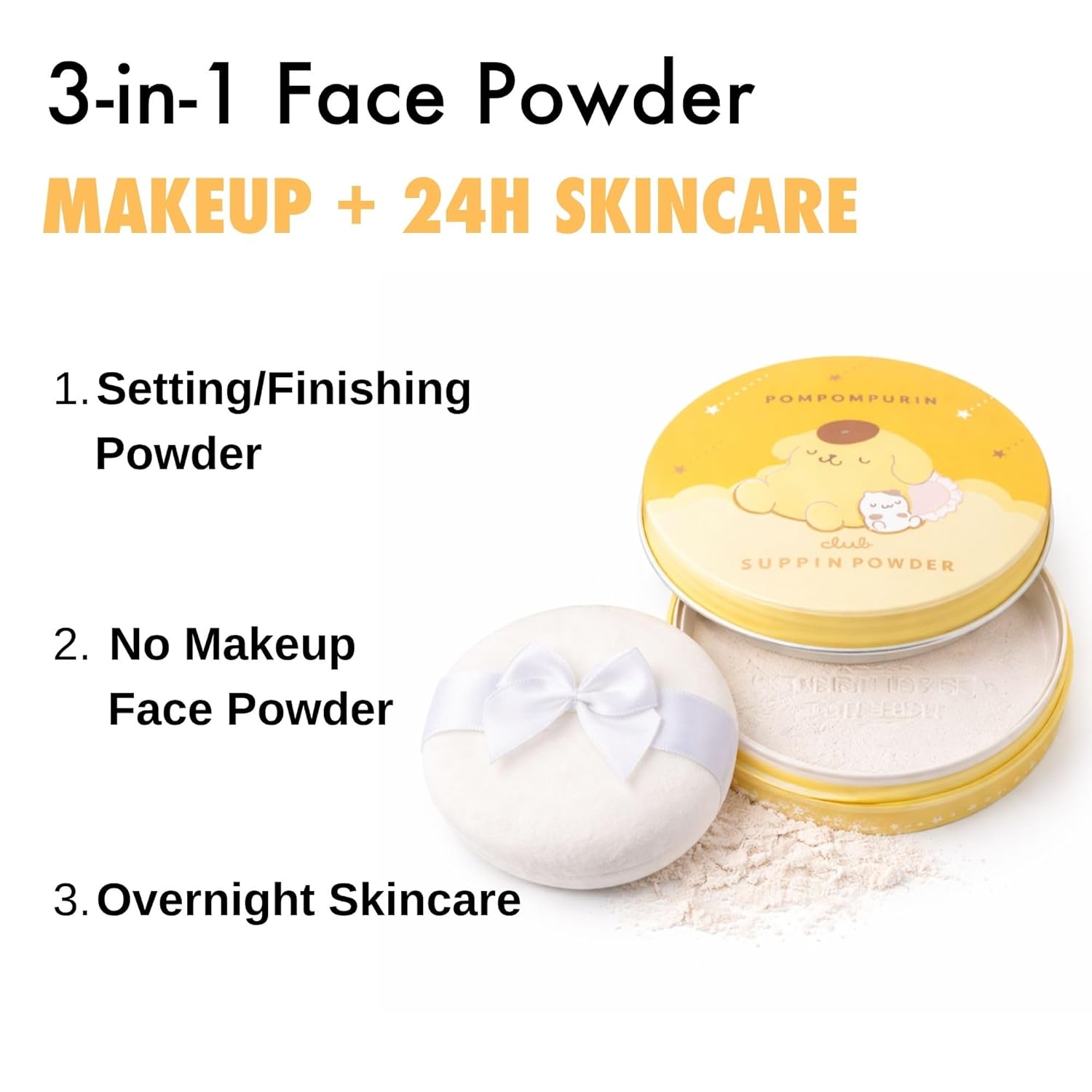 Club Suppin Translucent Setting Powder Makeup Foundation, Loose Pressed Powder, Hydrating Face Finishing Powder by Shea Butter& Aloe Vera, Long Lasting Overnight Japanese Skincare | Sanrio Ponponpurin