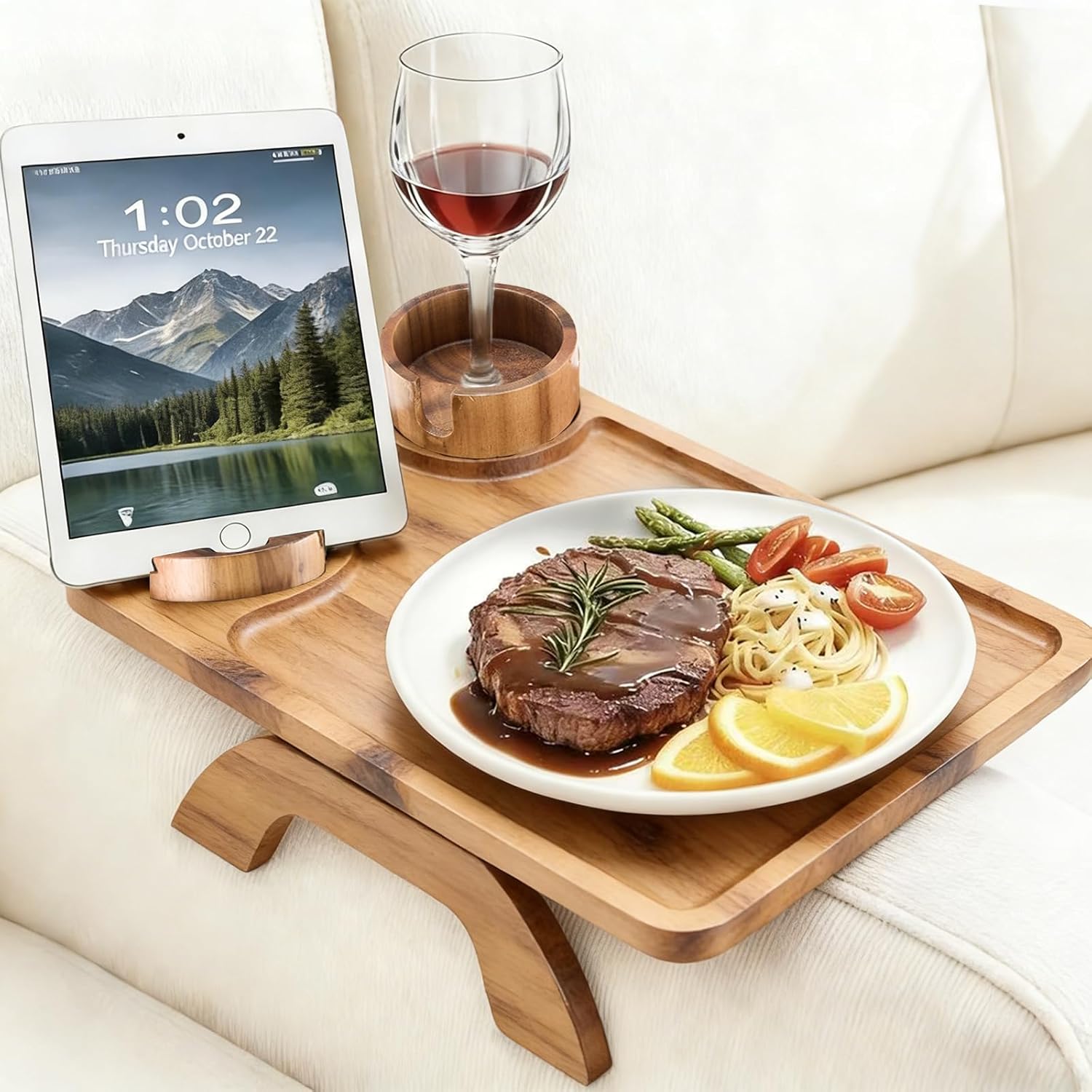 NEWBULIG Couch Cup Holder Tray, 3-in-1 Acacia Wood Sofa Arm Clip On Table with 360° Rotating Phone Holder, Foldable Stable Armrest Organizer for Drinks & Snacks, 15.35" x 9.8", Brown