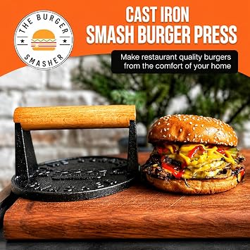 The Burger SmasherTM Pre-Seasoned Heavy Duty Cast Iron Smash Burger Press Kit - Heat Resistant Burger Smasher for Griddle, Food, Chef, Meat & Cooking Press, Hamburger Smasher - 30 Patty Paper