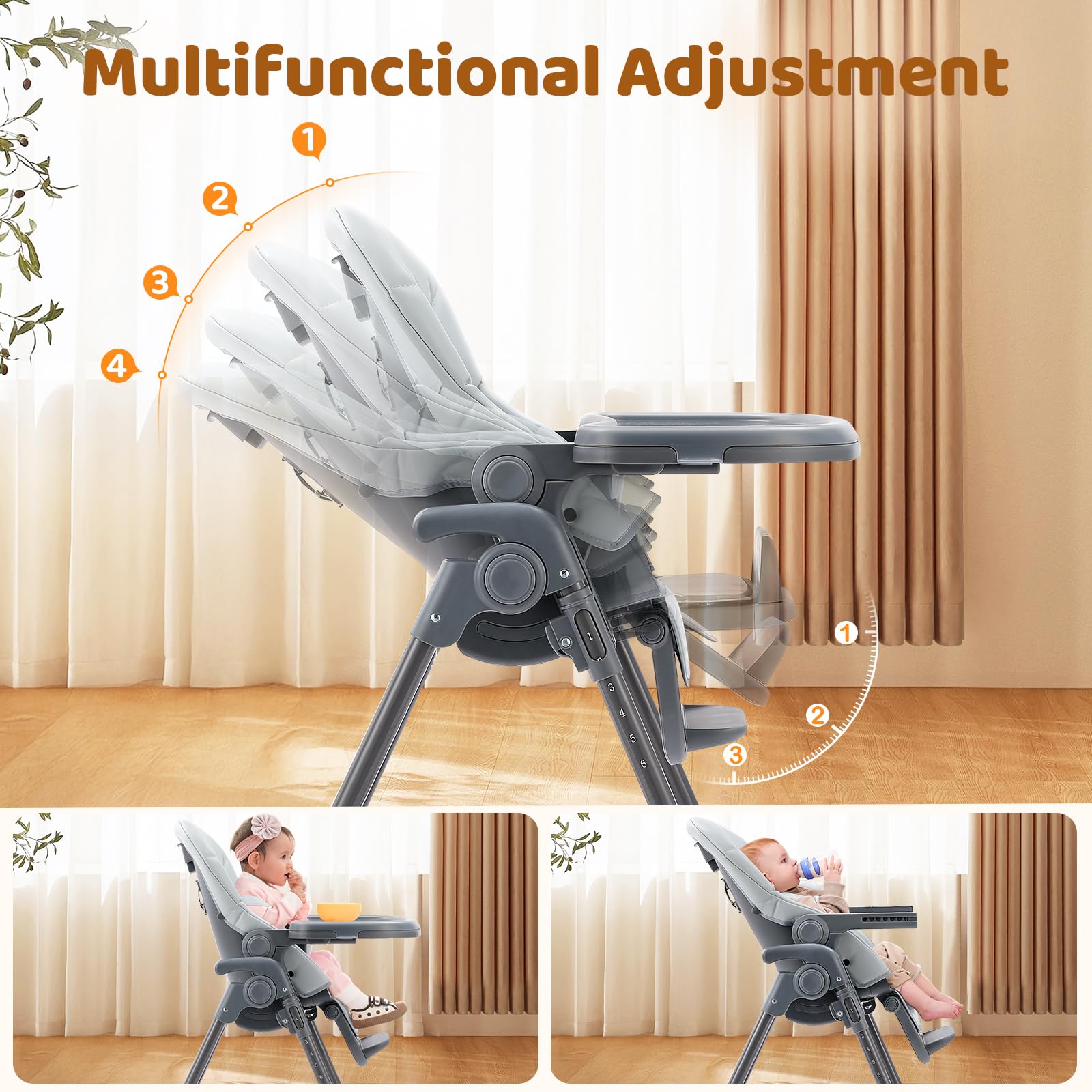 Hochstuhl Baby Klappbar Kinderstuhl 6 Höhen Kinderhochstuhl Kombihochstuhl Babyhochsitz Verstellbare Rückenlehne (Grau)