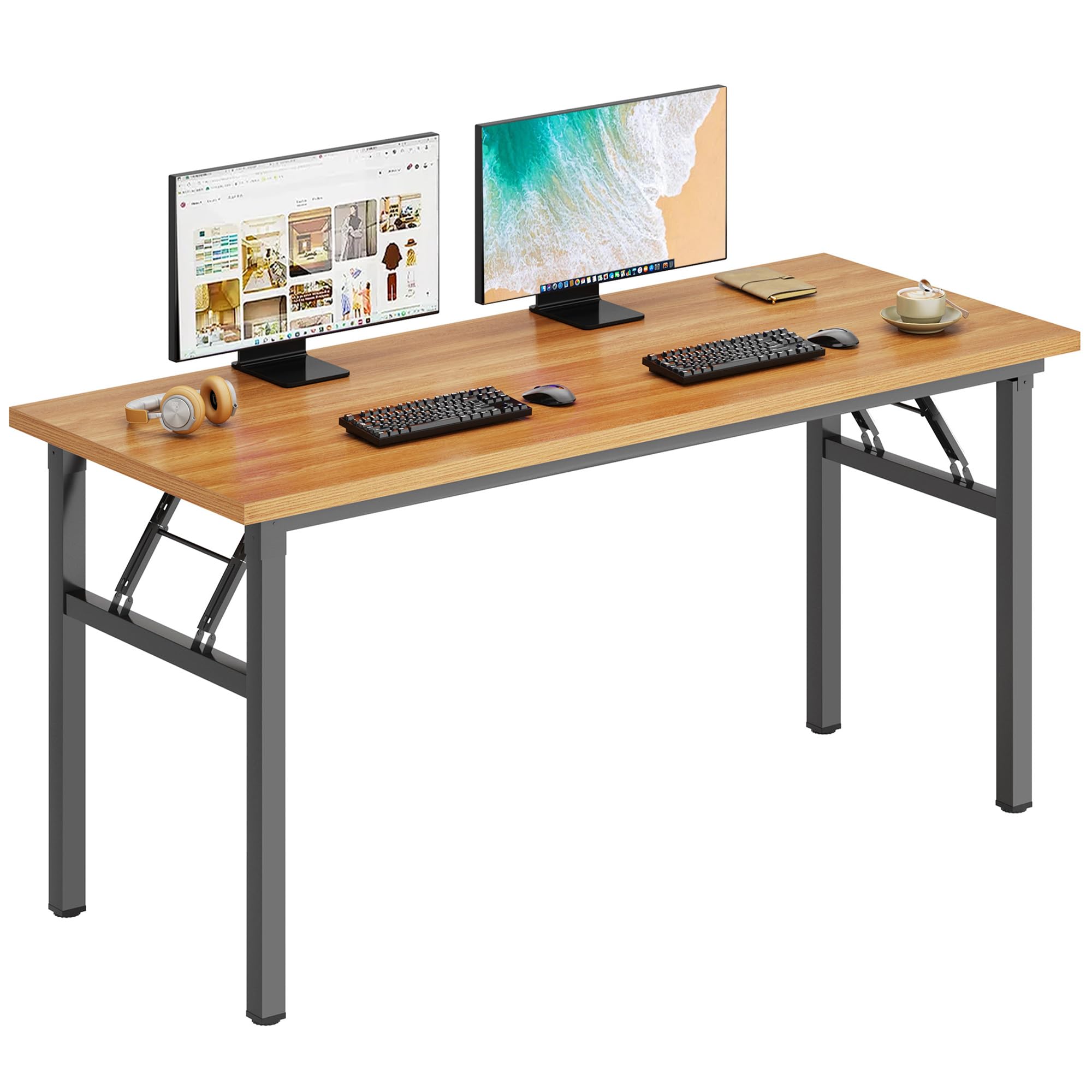DlandHome Large Computer Desk, Folding Desk, Decent and Steady Home Office Desk/Workstation/Table 54.3inch Teak Black