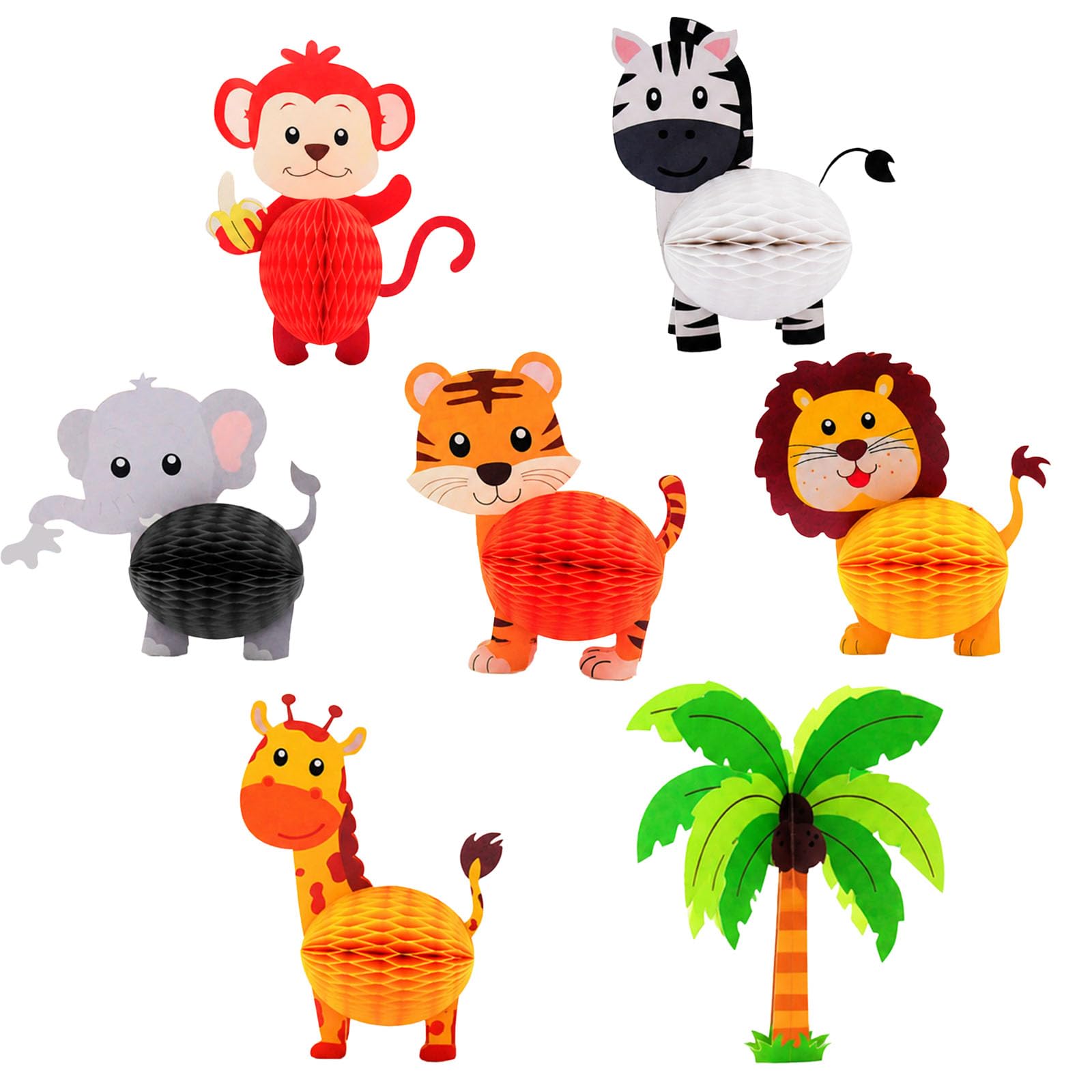 MORAINJAY 7 Pcs Jungle Animal Birthday Party Decorations, Lion Tiger Elephant Honeycomb Centrepieces, Wild One Zoo Theme Table Toppers Party Decorations Supplies