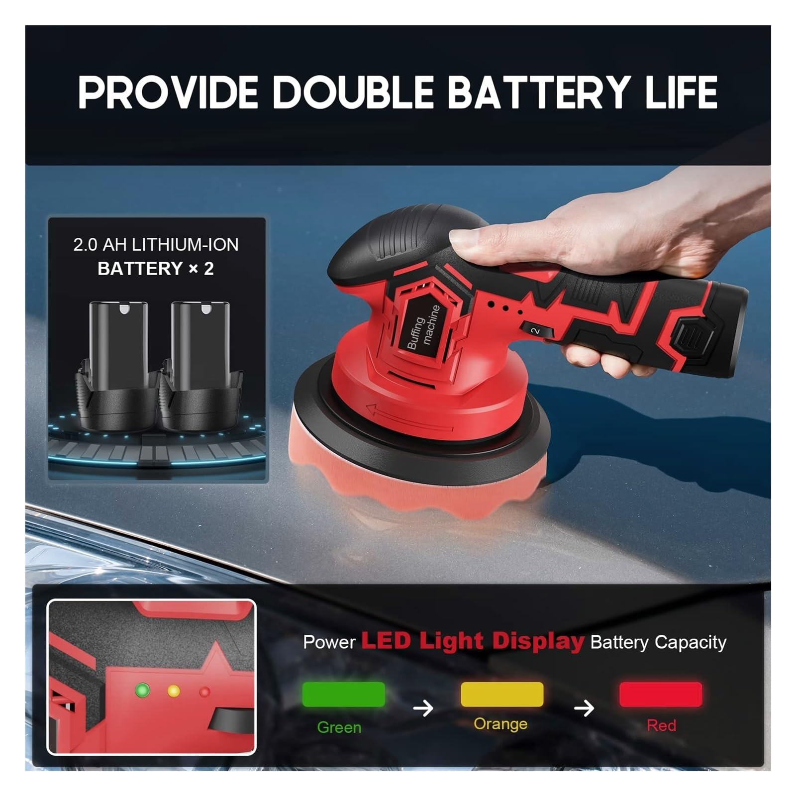 Pulidora Máquina de abrillantado for coche inalámbrico, pulidor de tampón inalámbrico de 6 pulgadas, lijadora de 6 velocidades variables, herramienta for cera de pulido eléctrico, 2500-5000RPM Para en