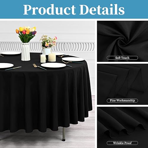 Miniatura 8 de Paquete de 12 manteles redondos negros de poliéster de 60 pulgadas, tela lavable, resistente a las manchas y a las arrugas, ropa de mesa redonda