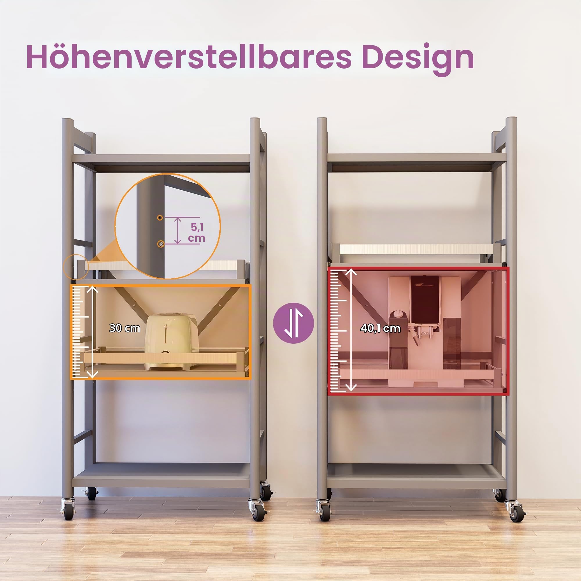 4-Etagen Küchenregal stehend, 2 ausziehbare Ablagen, Mikrowellenregal | 2 Schubladen mit verstellbaren Positionen, Für Airfryer und Küchengeräte, 4 Rollen, Freistehend, Platzsparend,60cmx125cm