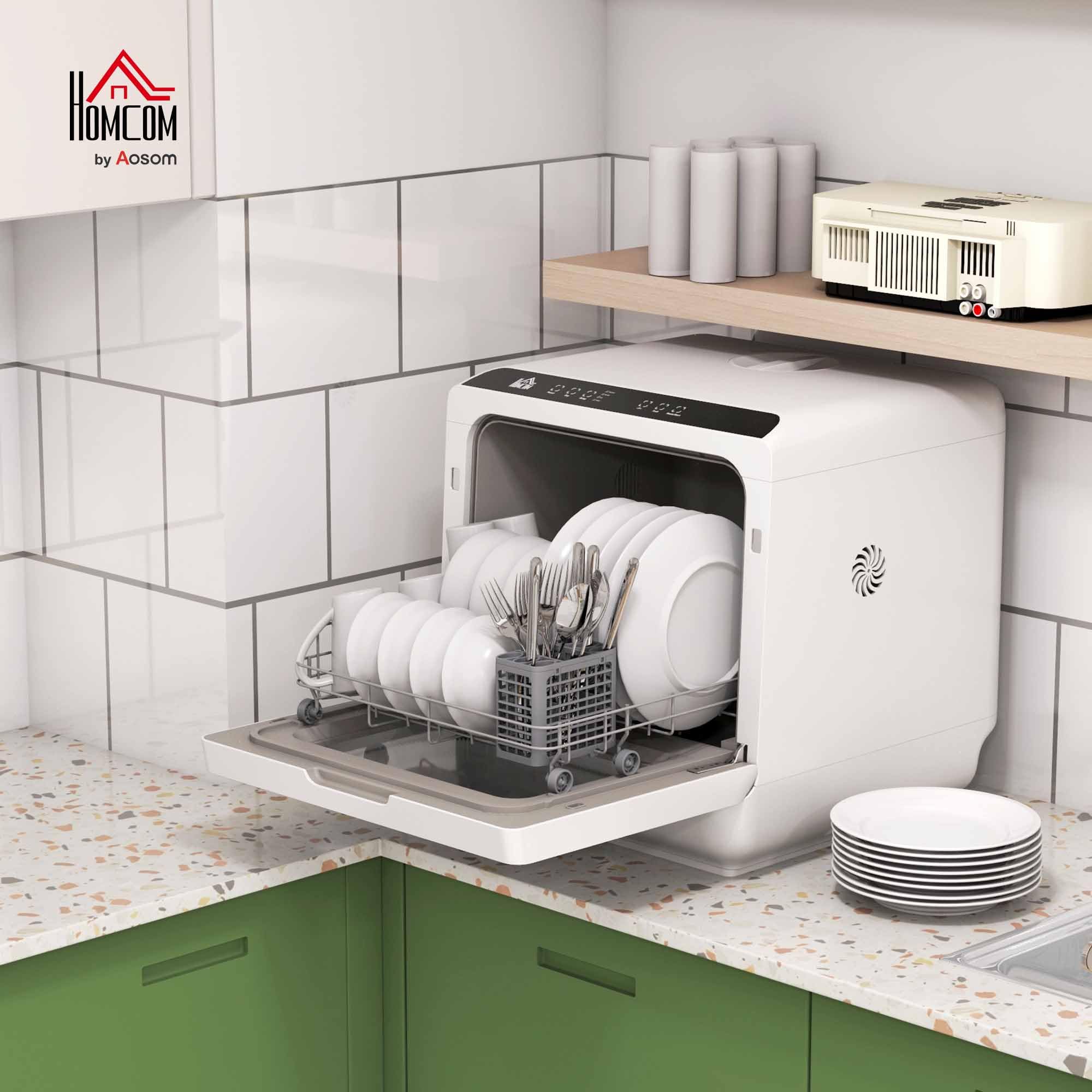 HOMCOM Mini lavastoviglie, lavastoviglie da tavolo, 5 programmi, doppia alimentazione dell'acqua e modalità di lavaggio della frutta, serbatoio dell'acqua da 6 L, comandi a sfioramento, display LED,