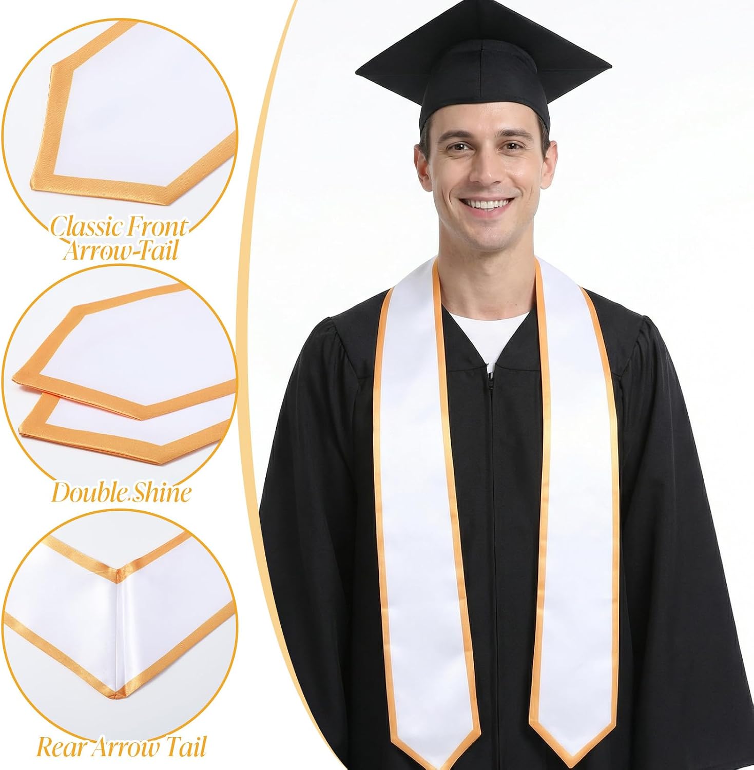 Abeillo 72" Graduation Sash Stole - Unisex White Sash with Gold Trim, Long White Graduation Stole for Uniform