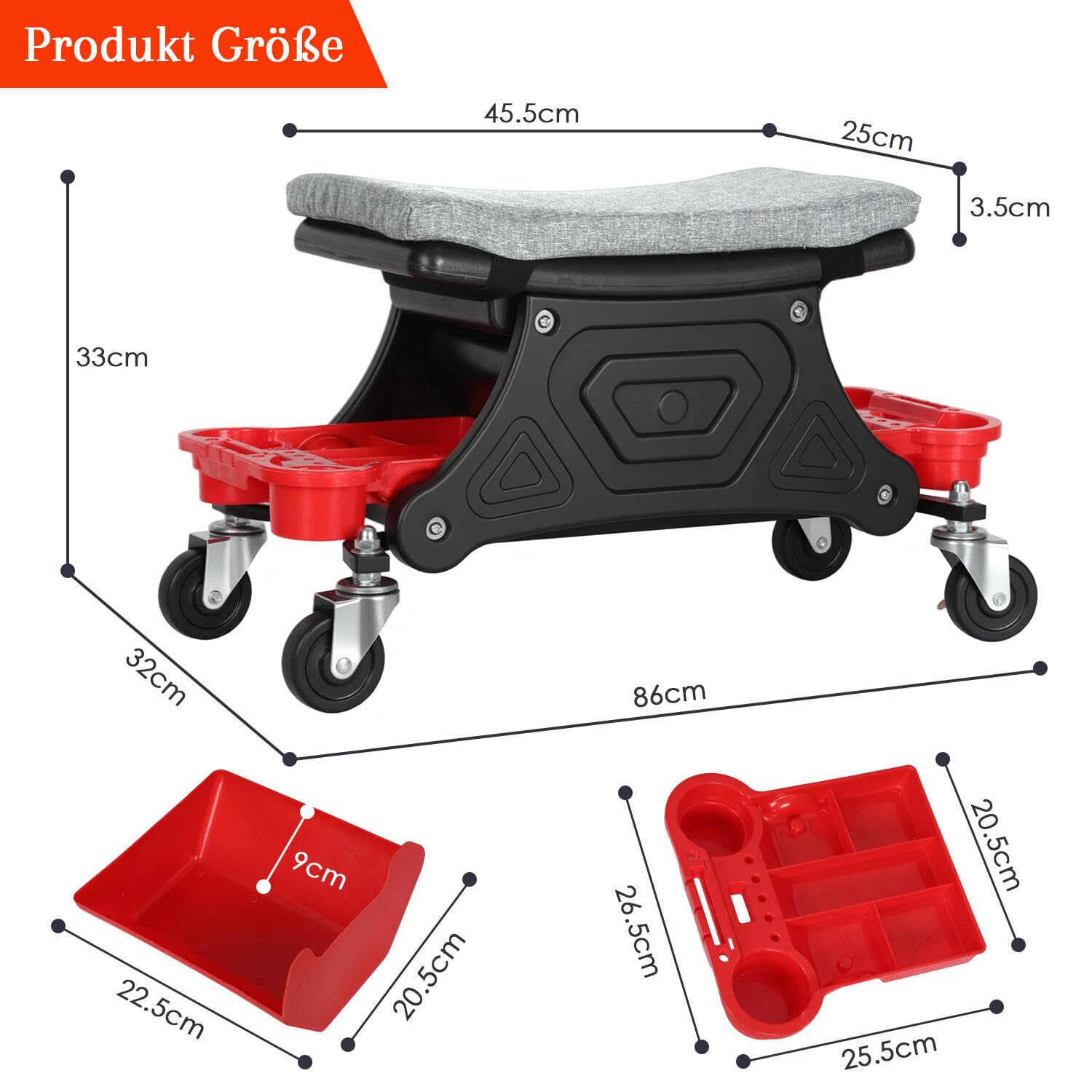 Werkstatthocker Rollhocker,Werkstatt Rollsitz 185kg Belastbar,Garagenhocker mit Aufbewahrungsbox,fixierbare Räder und Paletten, Mobil
