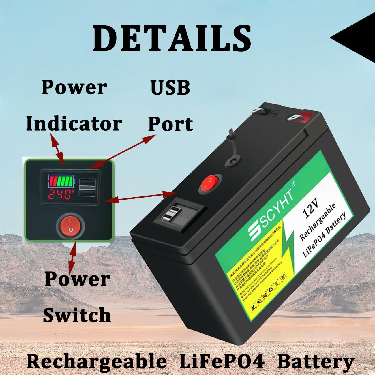 Batería de Litio 12V 20Ah 15Ah Batería LiFePO4 10Ah Baterías extraíbles Baterías Recargables para energía Solar para Motor 100W a 250W con Cargador y Puerto USB