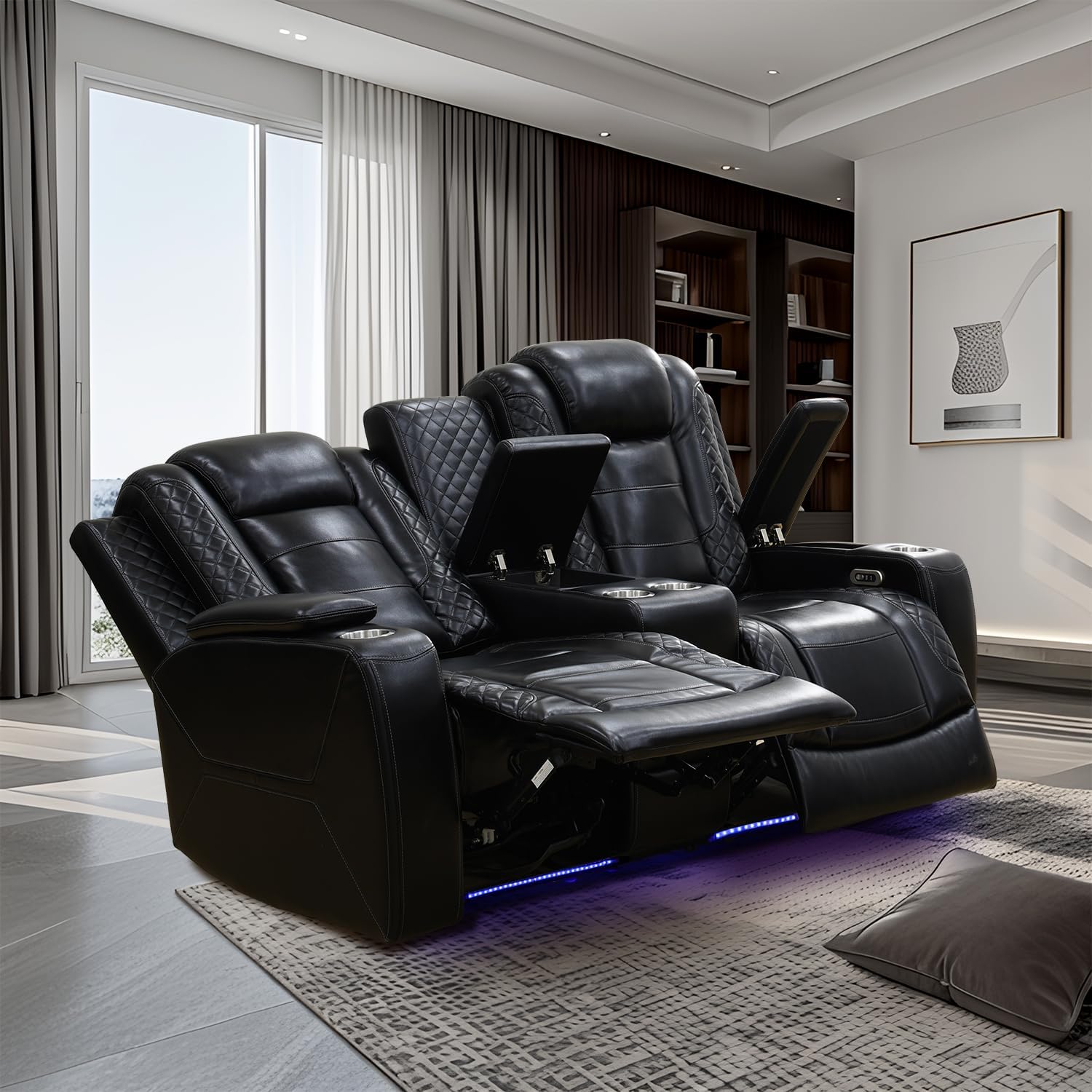 Power Recliner Sofa Set with LED Lights for Living Room Furniture Set, Off White Leather Reclining Couch Set, Recliner Couch with USB Port and Cup Holders, Loveseat and Chair