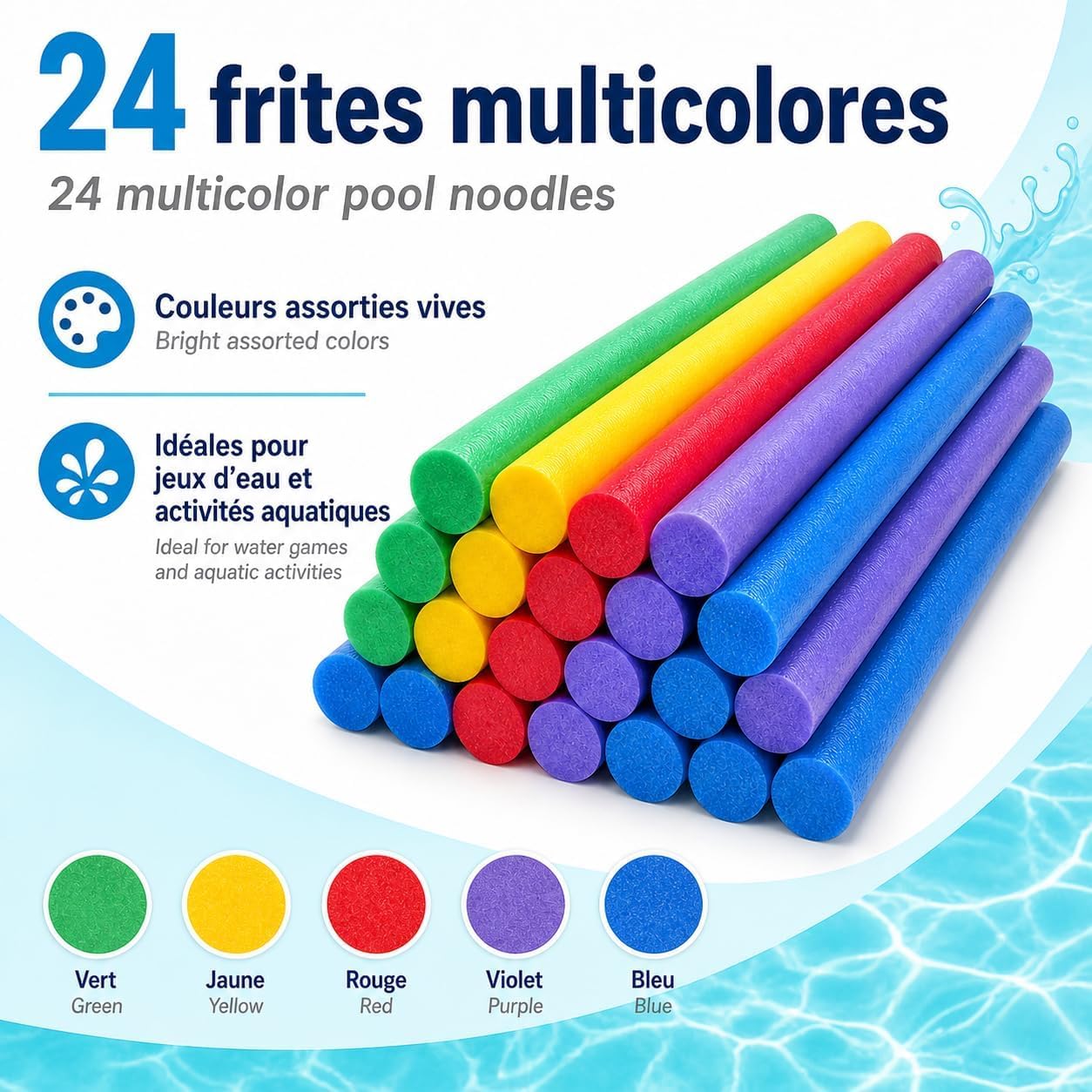 Lot 50 Frites de Piscine Mousse Flottantes 160 cm x 6,5 cm - Multicolores Souples et Resistantes - Accessoires Jeux Eau Piscine Mer Plage Aquagym Natation Enfants Adultes - Fun Noodle - Nouille -