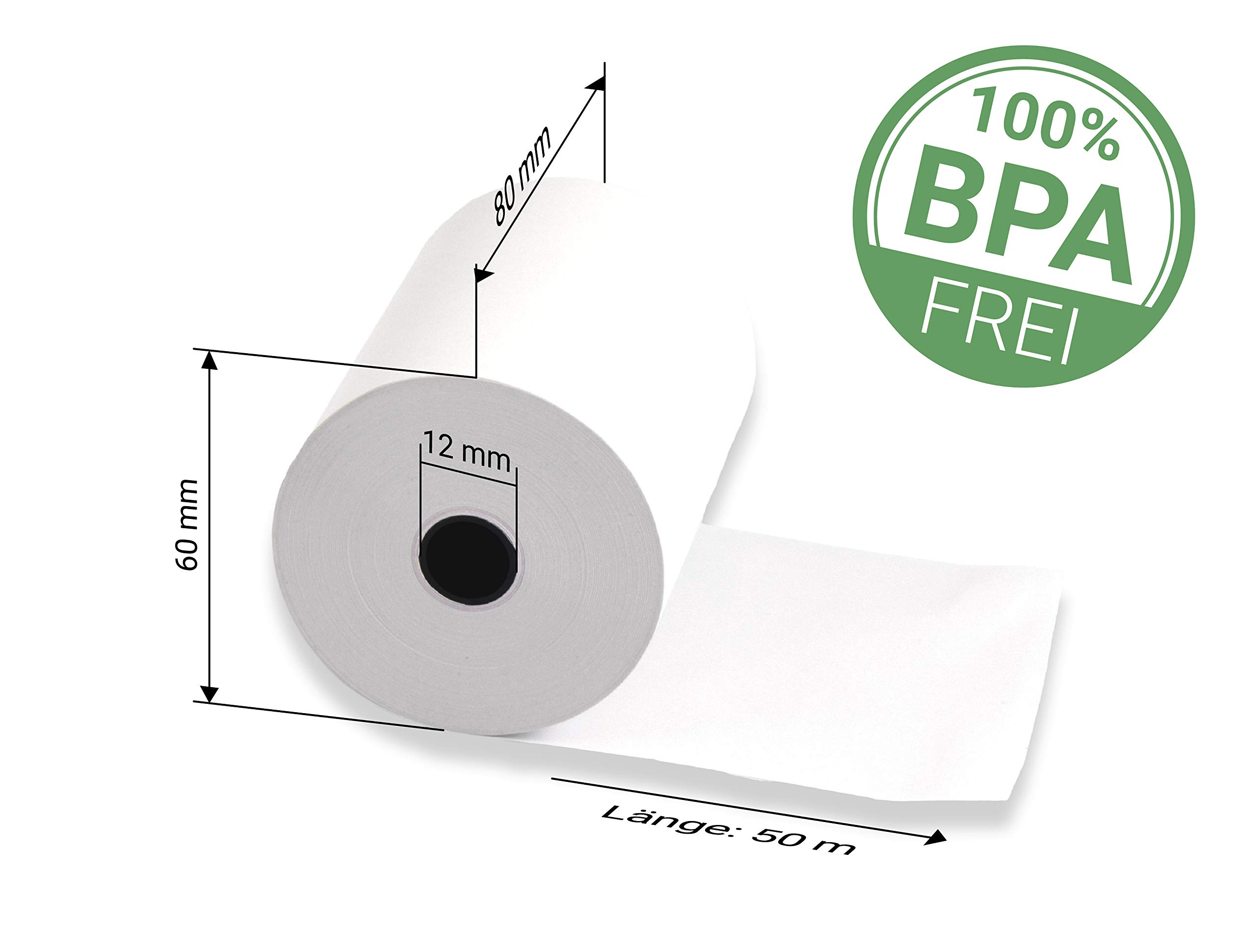 50 BPA-freie Thermorollen aus hochwertigem 48 g/m² Premiumpapier für Kassensysteme und Thermodrucker. Format: 80 mm Breite, 50 m Länge, Rollendurchmesser 57 mm, Hülse 12 mm