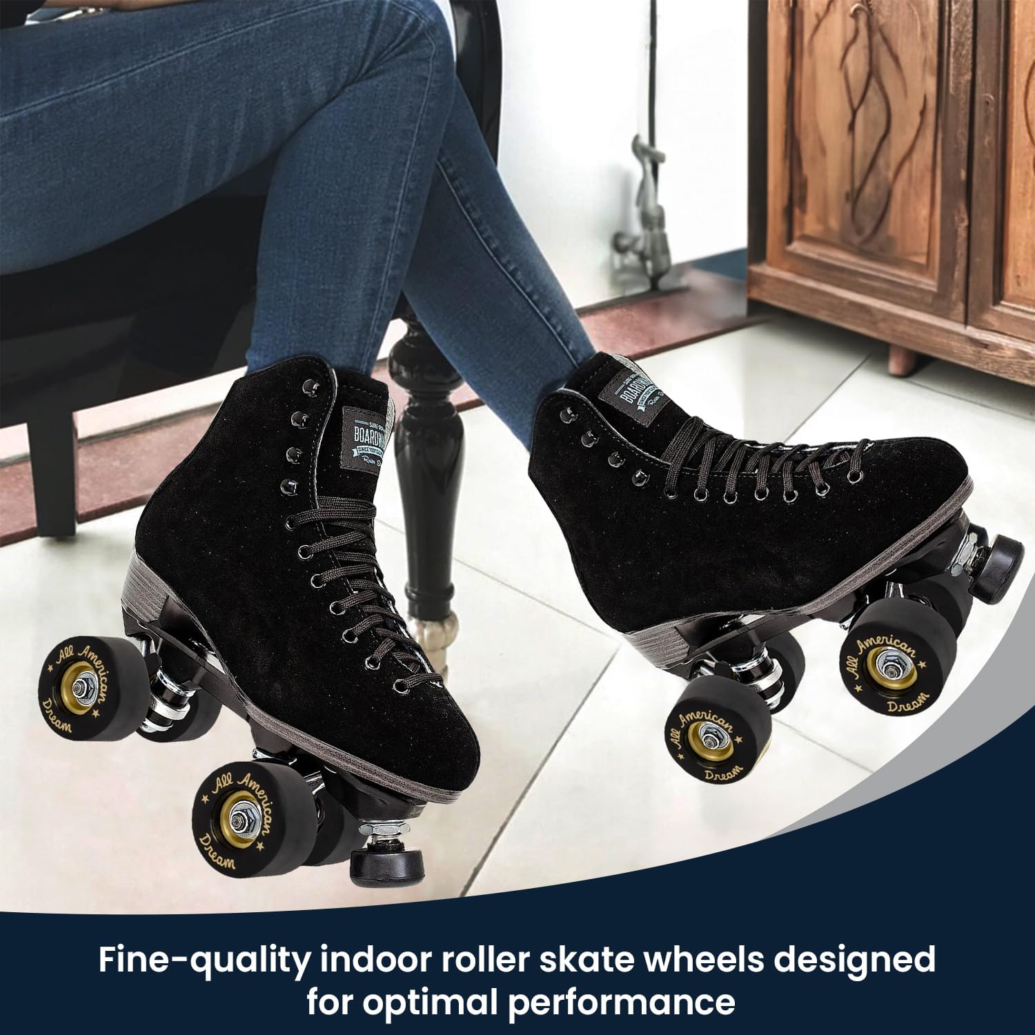 Sure-Grip All American Indoor Dream Wheels | Anodized Aluminum Core with C-Clip | 55mm x 31mm Vanathane Formulated - Comes in Black and Gold Limited Edition - Made in USA (Set of 8 Wheels)