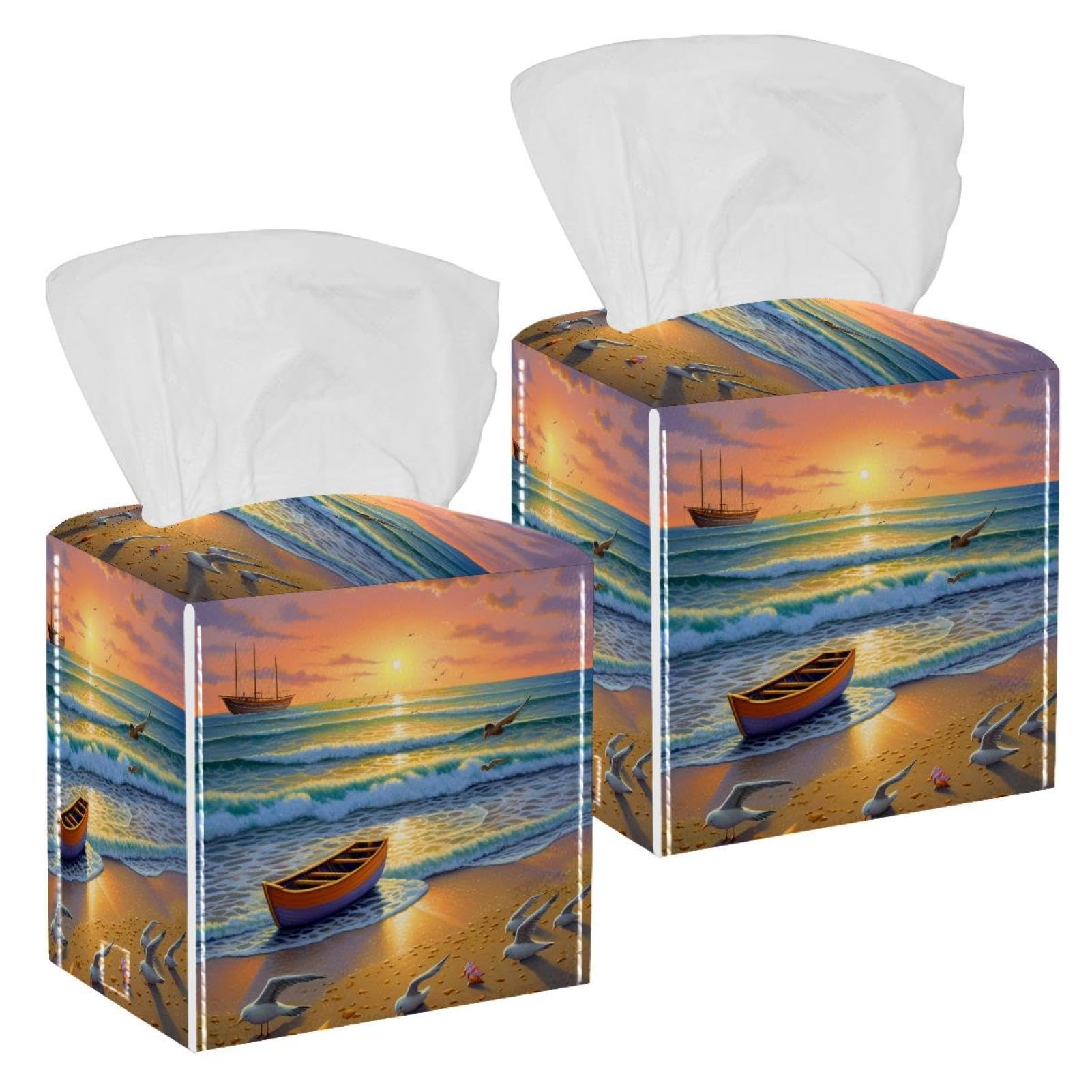Beach Starfish Shell Tissue Box Cover, 2 Pack PU Leather Square Facial Tissue Dispenser Box holder for Home Office Car