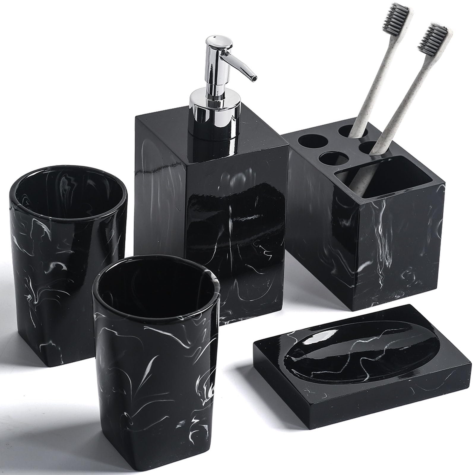 D. Jung Ford 5-Piece Bathroom Counter Top Accessory Set - Dispenser for Liquid Soap or Lotion, Soap Dish, Toothbrush Holder and 2 Tumblers, Marble Imitated Resin (Ink Black)
