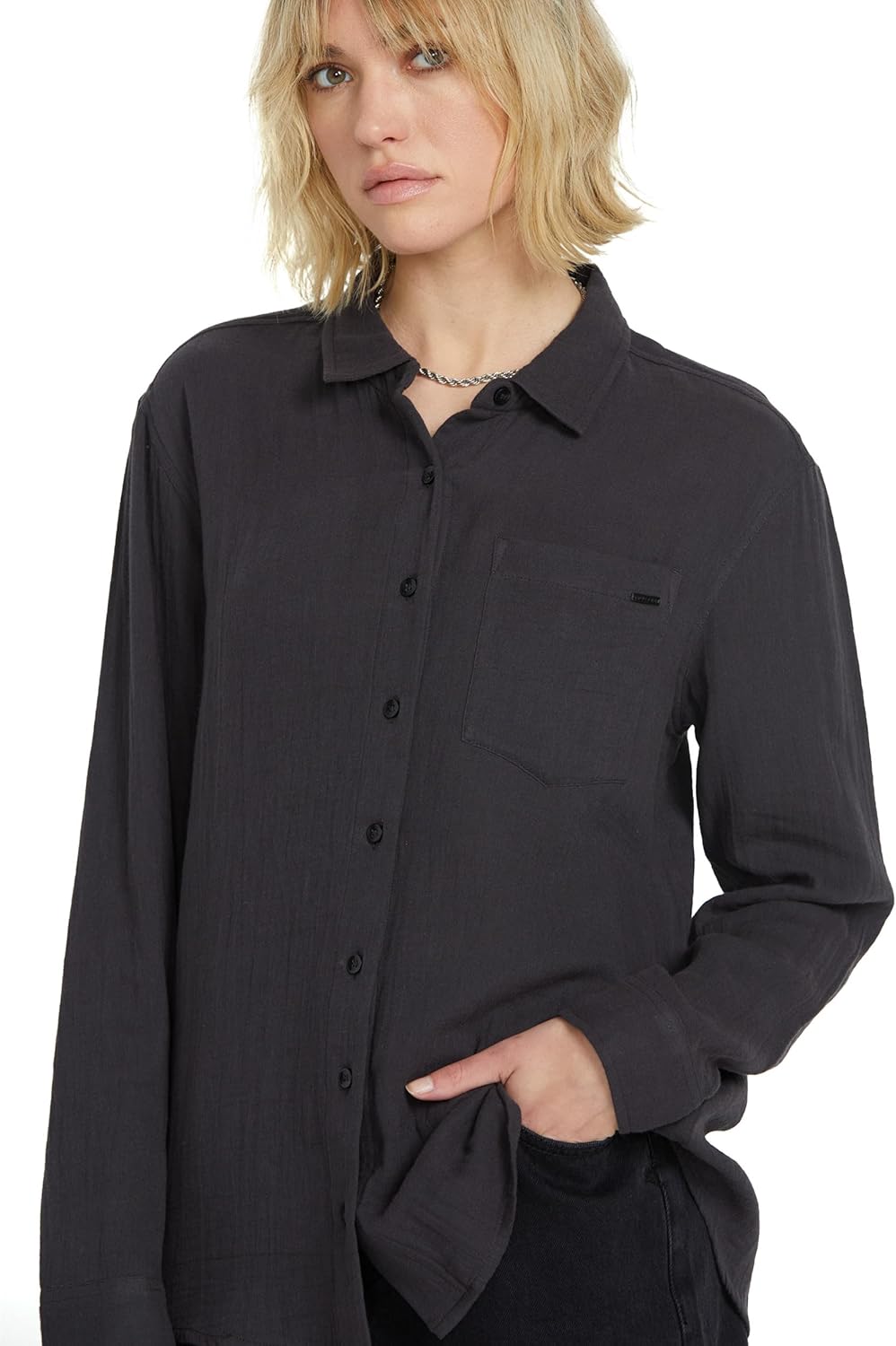 Volcom Womens Lived Lounge Long Sleeve Button Down Beach Coverup Shirt – Oversized Shirt with Scalloped Hem - Image 5