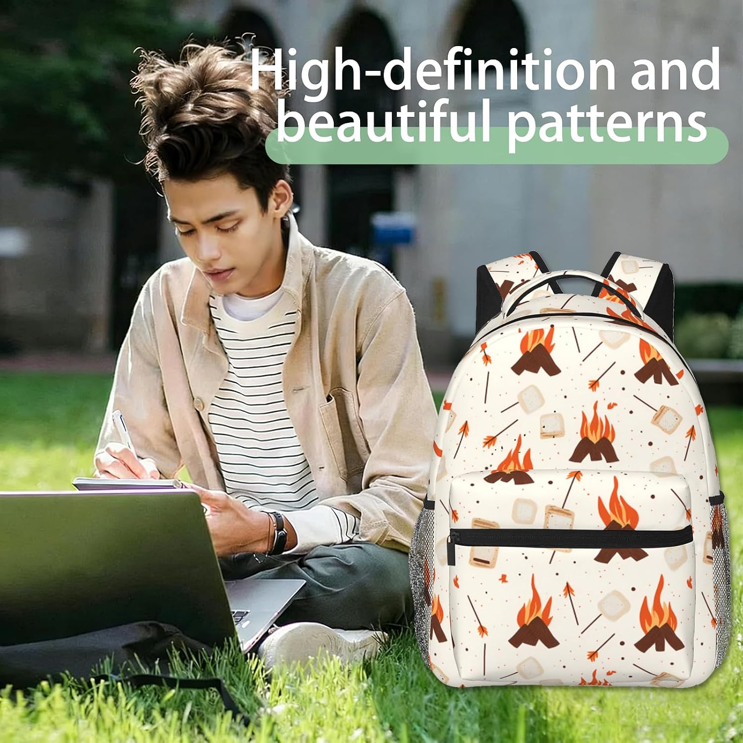 Rustic Campfire Backpack,Polyester Backpacks with Straps,11.4inx5.9inx15.7in,Marshmallow and Fire Multi-Pocket Storage Bookbag,Ideal For School Work Travel Hiking,Kids Teens Gifts