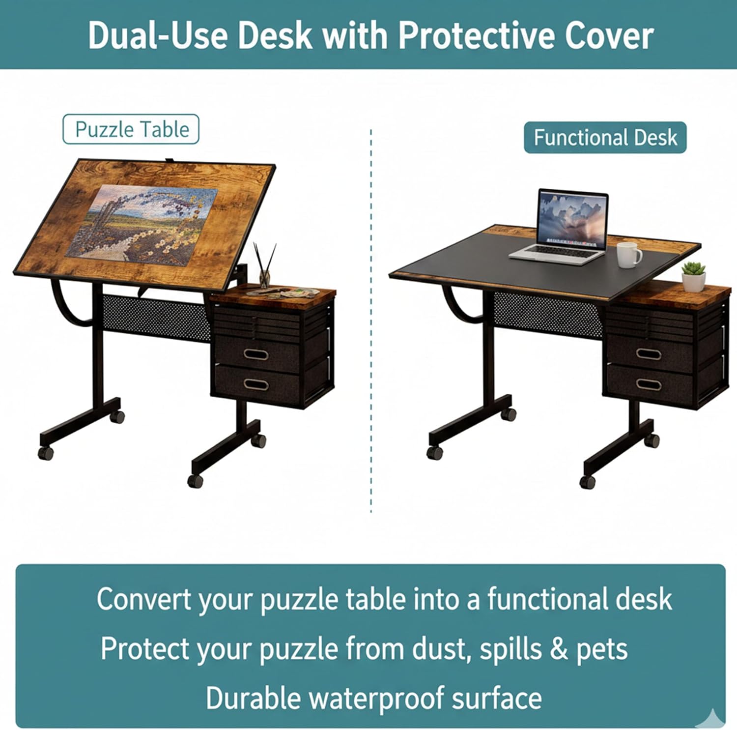 Adjustable Drafting Table with 4 Trays & 2 Storage Drawers, Multifunctional Tilting Drawing Art Desk, Vintage Drawing Table Art Craft Workstation for Studio Home Office Painting Writing (Style-A)