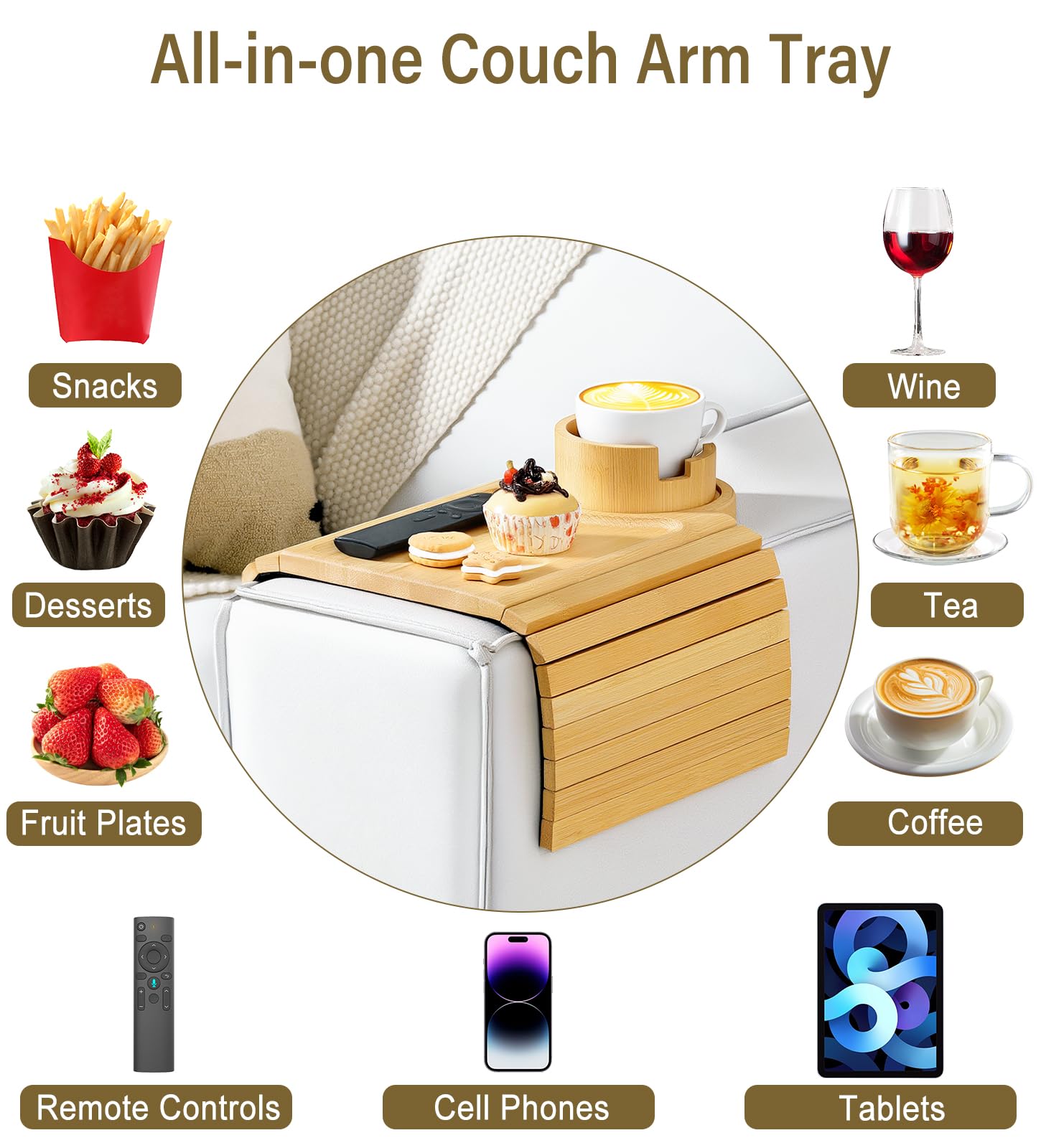 Bandeja de Brazo de Sofá, Mesa Bandeja de Bambú para Sofá, Bandeja para Brazo de Sofá con Portavasos, Organizador Antideslizante para Reposabrazos para Bebida, Taza, Merienda, Control, Natural