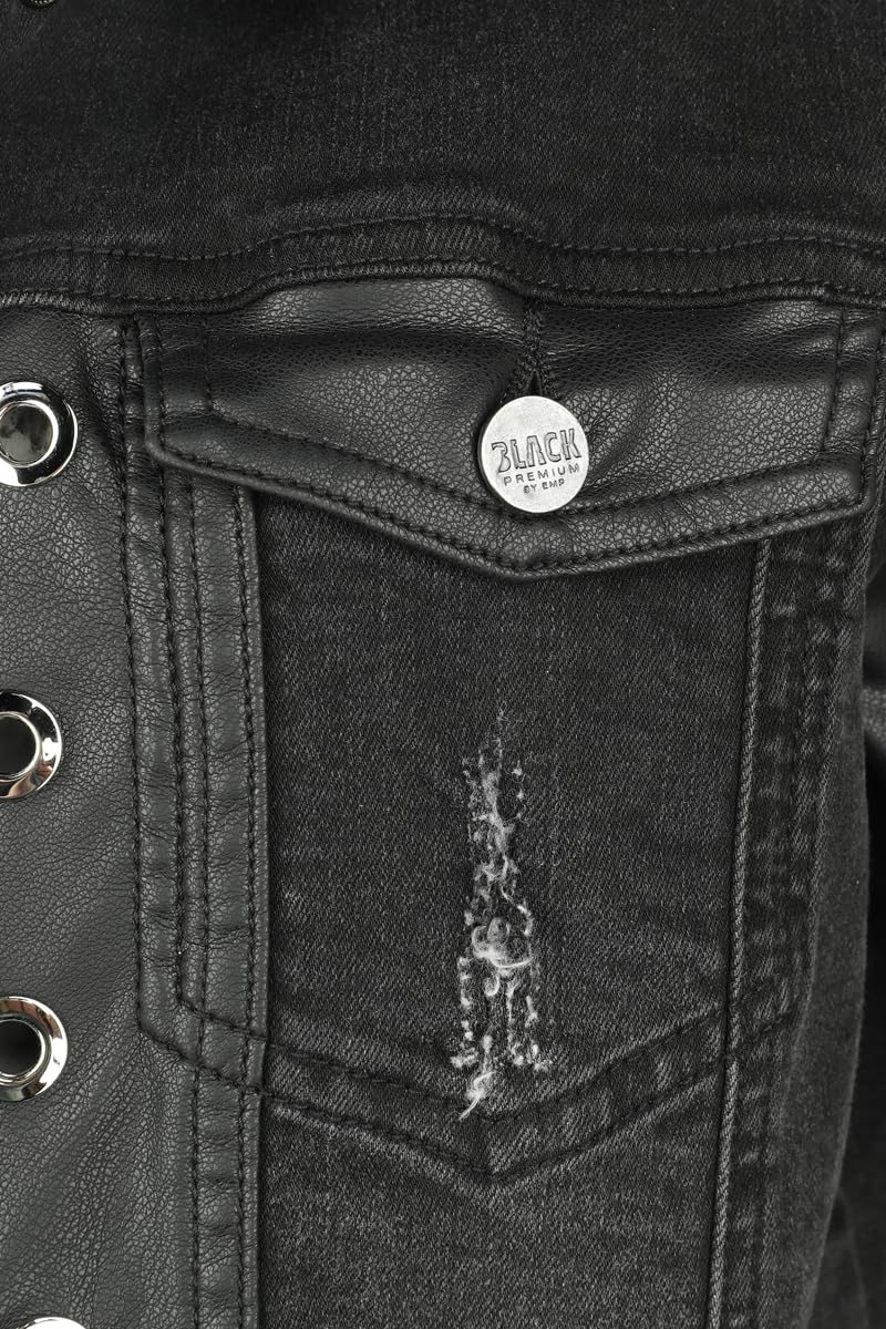 Black Premium by EMP Femme Veste en jean noir avec détails en faux cuir