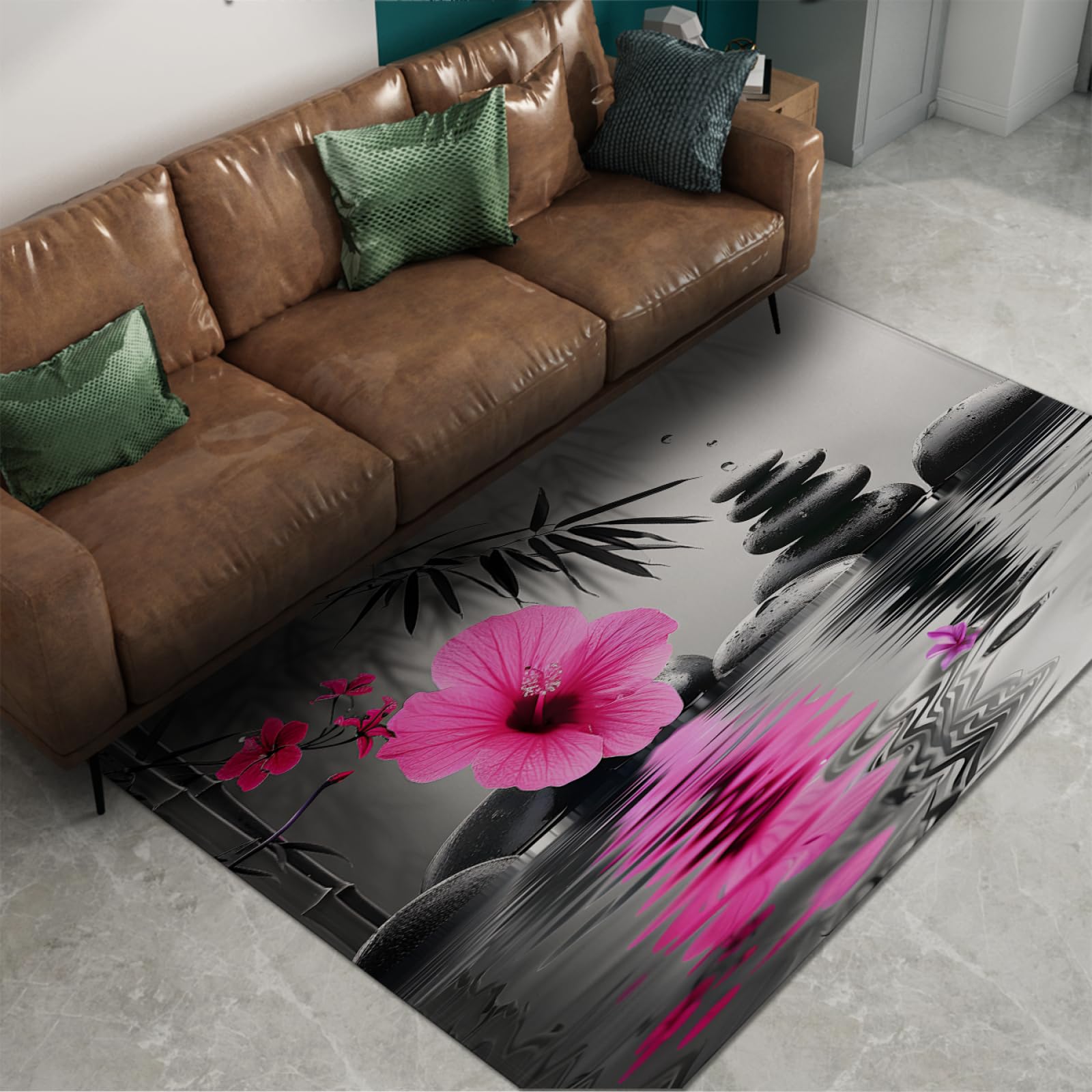 Czerwone kwiaty dywanik czarny kamień zen dywan wewnątrz mata podłogowa cienkie dywany do salonu sypialni spa wanna dywanik antypoślizgowy spód 150 x 240 cm