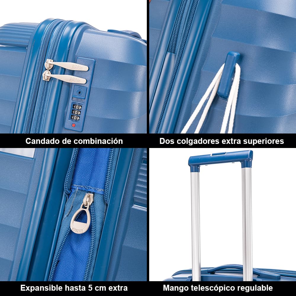 1990s Maleta Mediana expandible Polipropileno 65cm para 23kg (79L)| Maleta semirigida Extensible con 4 Ruedas Giratorias y Candado Incrustada (AzulMarino)