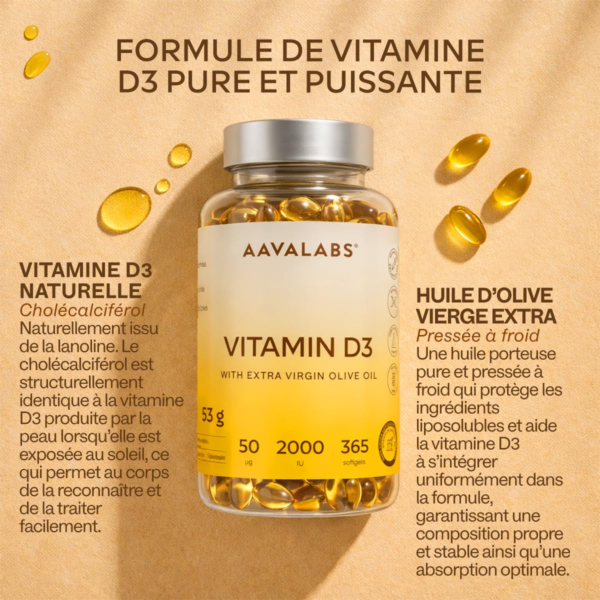 Vitamine D3 2000 UI - Vitamine D avec Huile d’Olive Extra Vierge pour Absorption Optimale - Vitamines sans OGM, sans Gluten et Lactose pour les Fonctions Osseuse, Musculaire, Immunitaire - 365 Gélules