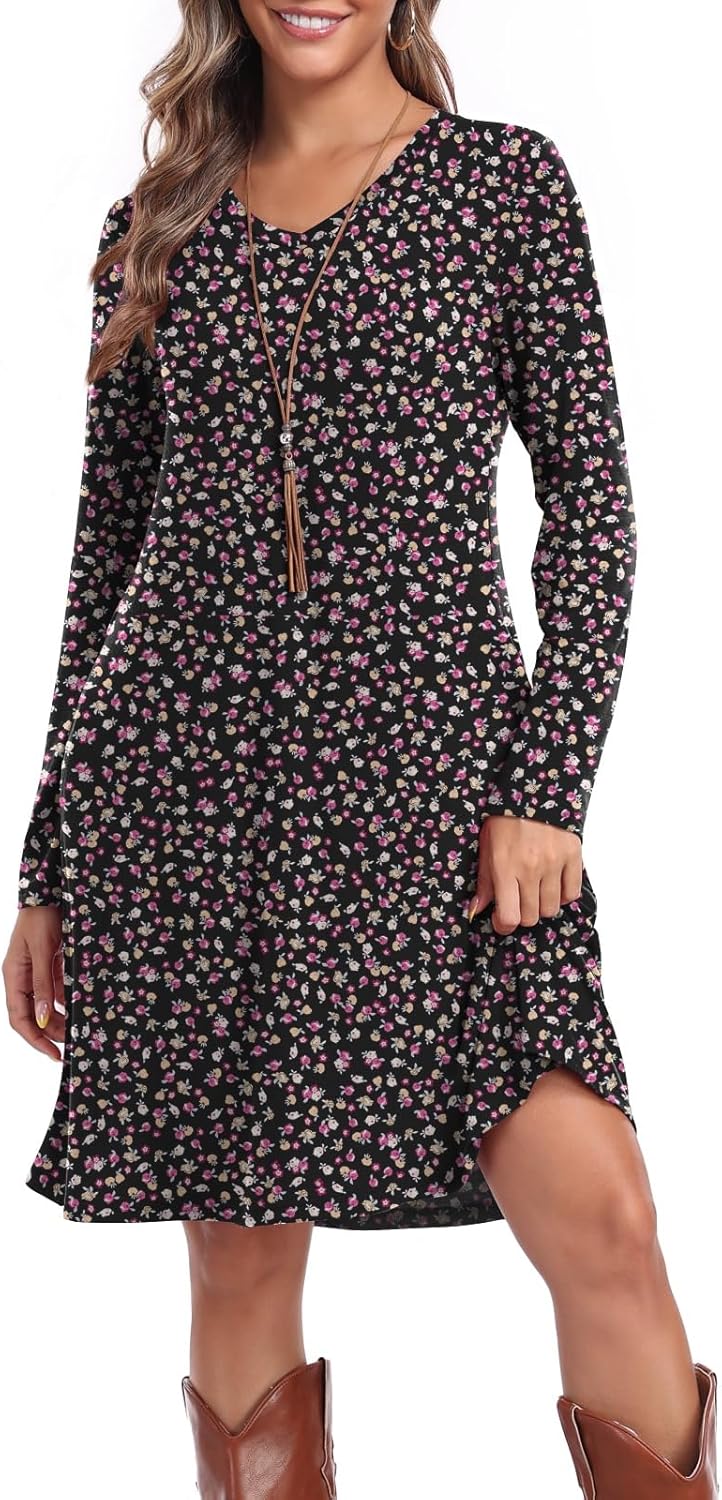 Women's Casual T Shirt Dresses Fall Long Sleeve Swing Dress with Pockets - Image 4