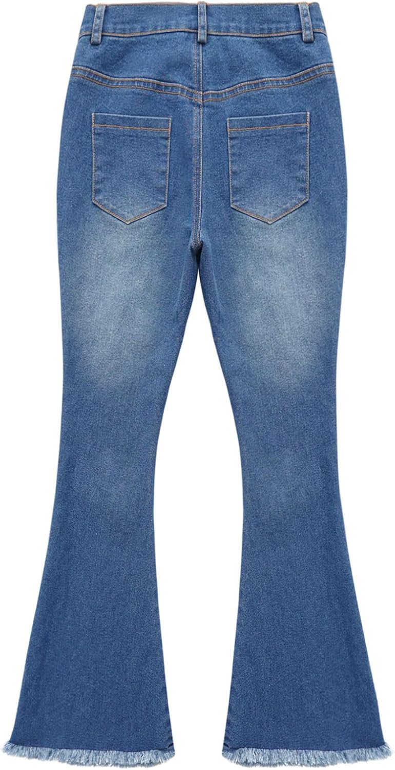 JanJean Kids Girls Elastic Waist Slim Fit Bell Bottom Denim Pants Casual Distressed Ripped Stretch Skinny Flare Jeans