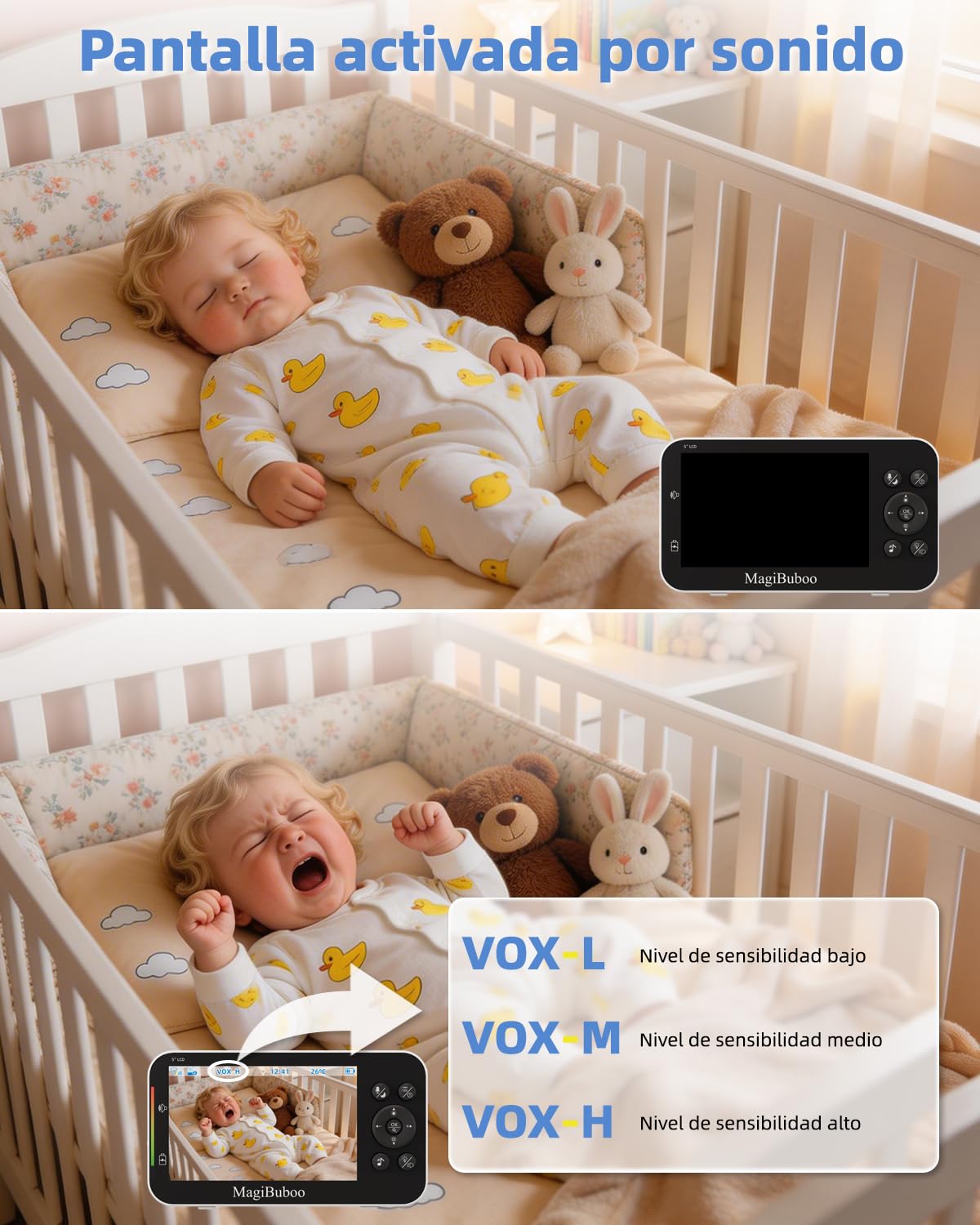 Vigilabebés con cámara sin wifi, monitor de bebé con visión nocturna por infrarrojos, con cámara, batería de 5200 mAh, batería de 5 pulgadas, 720p, pantalla IPS, vídeo vigilabebés de 2 vías, audio de