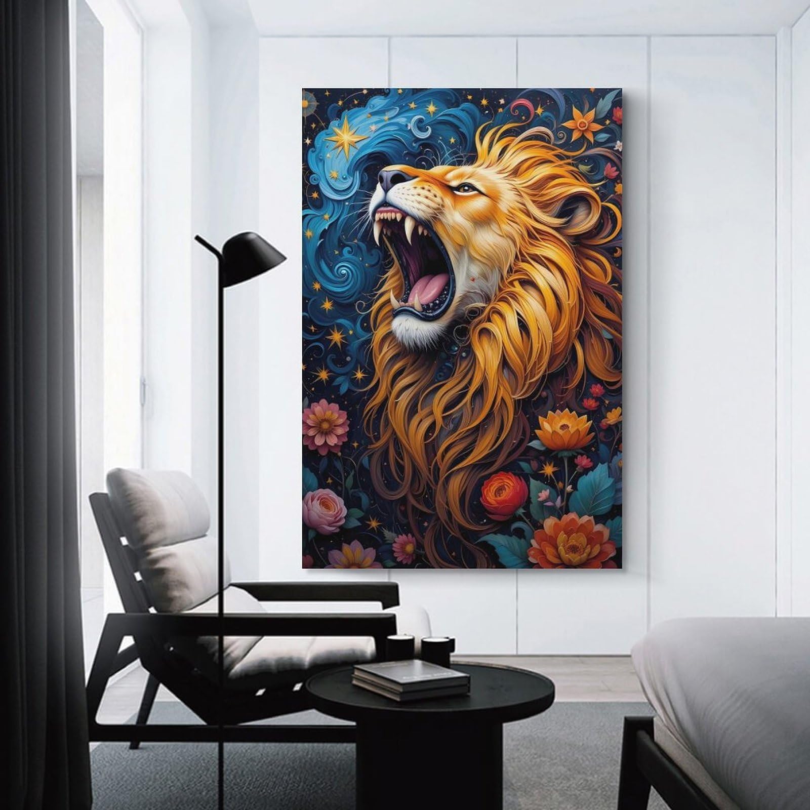 Junmoney Room Decor Wall Art Roaring Lion with Floral And Celestial Background, 24x36inch(60x90cm), for Workspace Walls, Study Corners Or Bedrooms, A Smart Decor Choice for Study Walls
