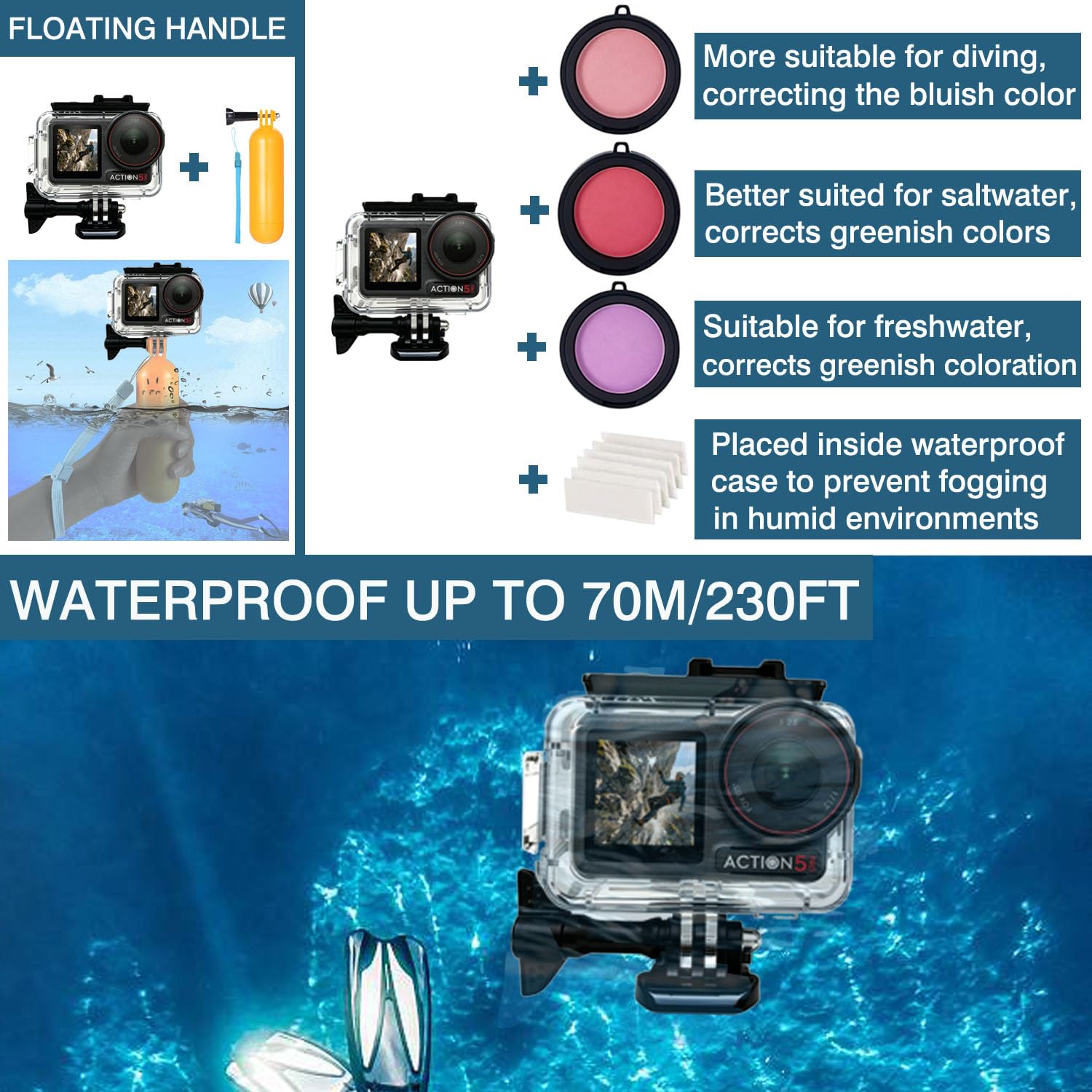 Accessoires pour DJI Osmo Action 5 Pro/4/3, boîtier étanche THAKOI, Accessoires de plongée en apnée, Accessoires de Sport de Plein air, kit d'accessoires pour DJI Osmo Action 5 Pro/4/3